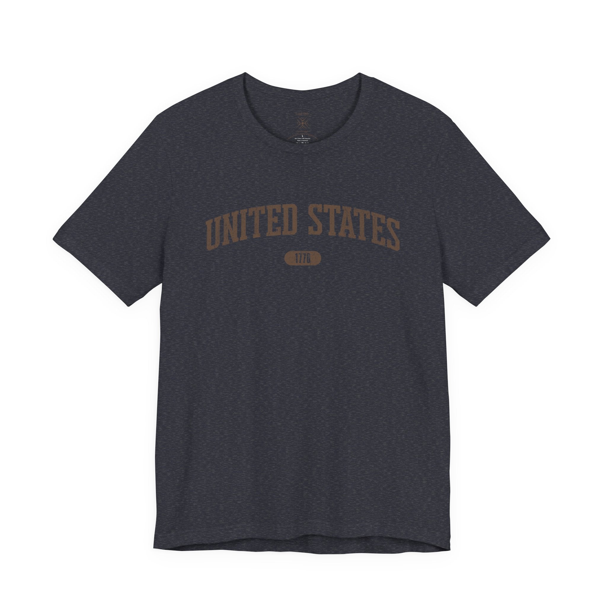 Heather Navy t-shirt with 'UNITED STATES 1776' in brown collegiate text.