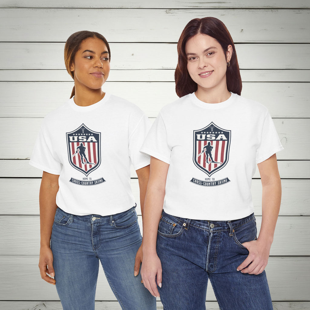 USA Home To Cross-Country Skiing Vintage Athletic T-Shirt – Navy Red White Crest Graphic