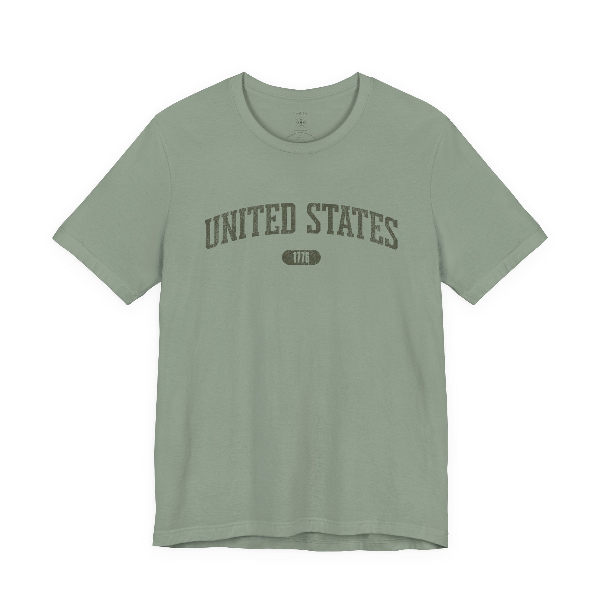 Sage t-shirt with 'UNITED STATES 1776' in olive green collegiate text.