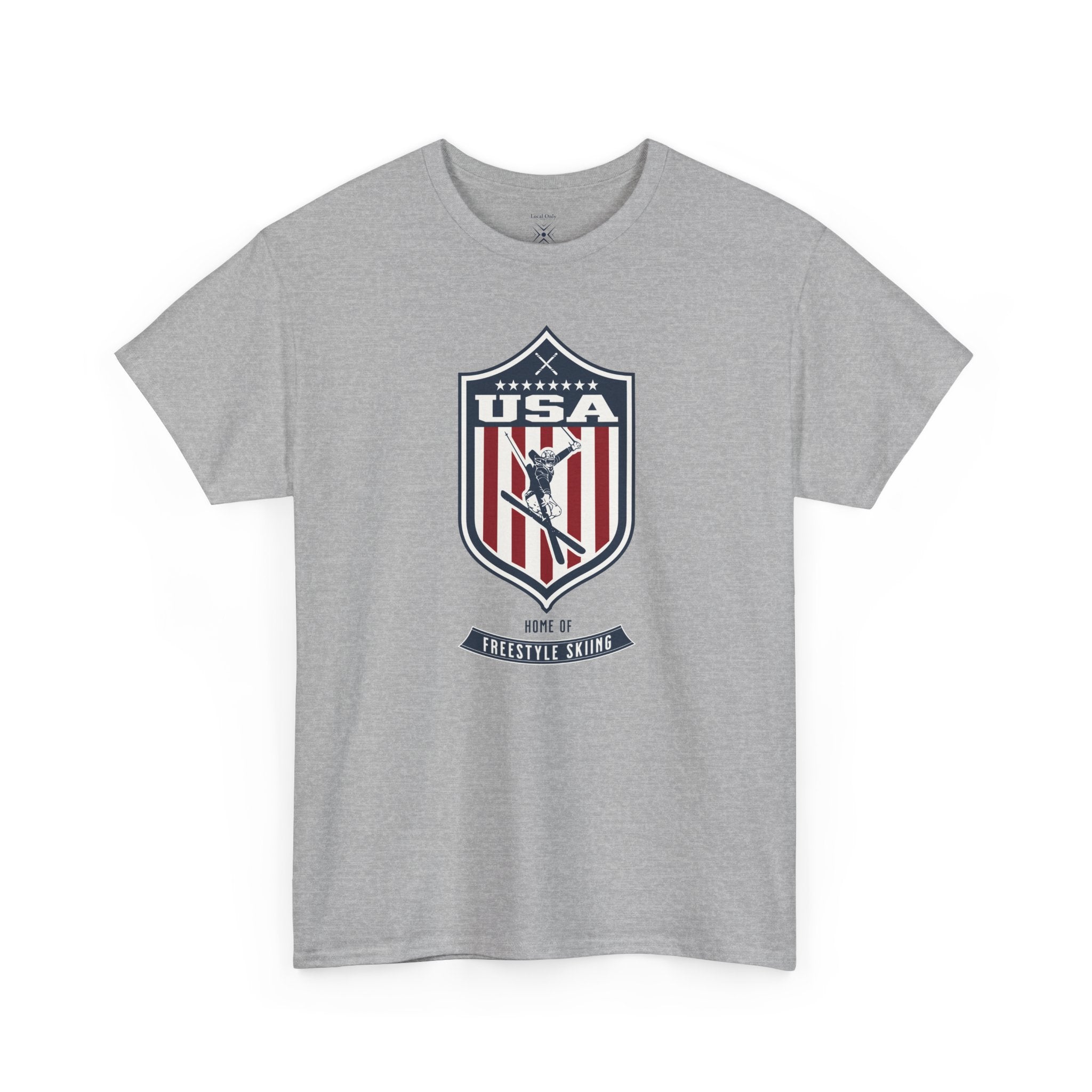 USA Home Of Freestyle Skiing Vintage Athletic T-Shirt – Navy Red White Crest Graphic