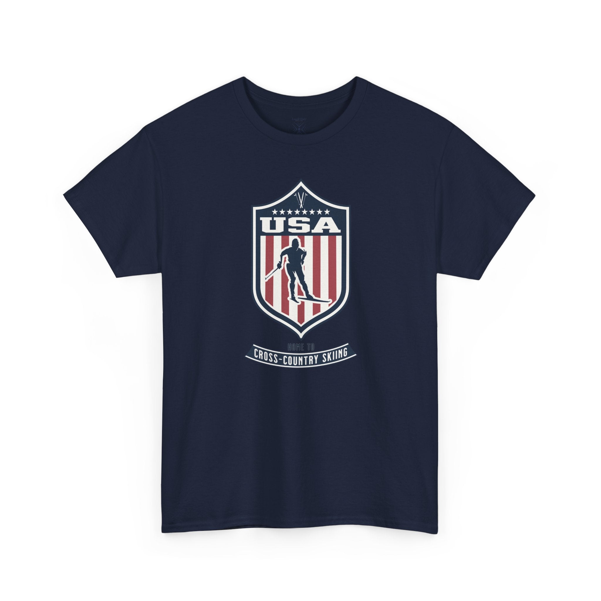 USA Home To Cross-Country Skiing Vintage Athletic T-Shirt – Navy Red White Crest Graphic
