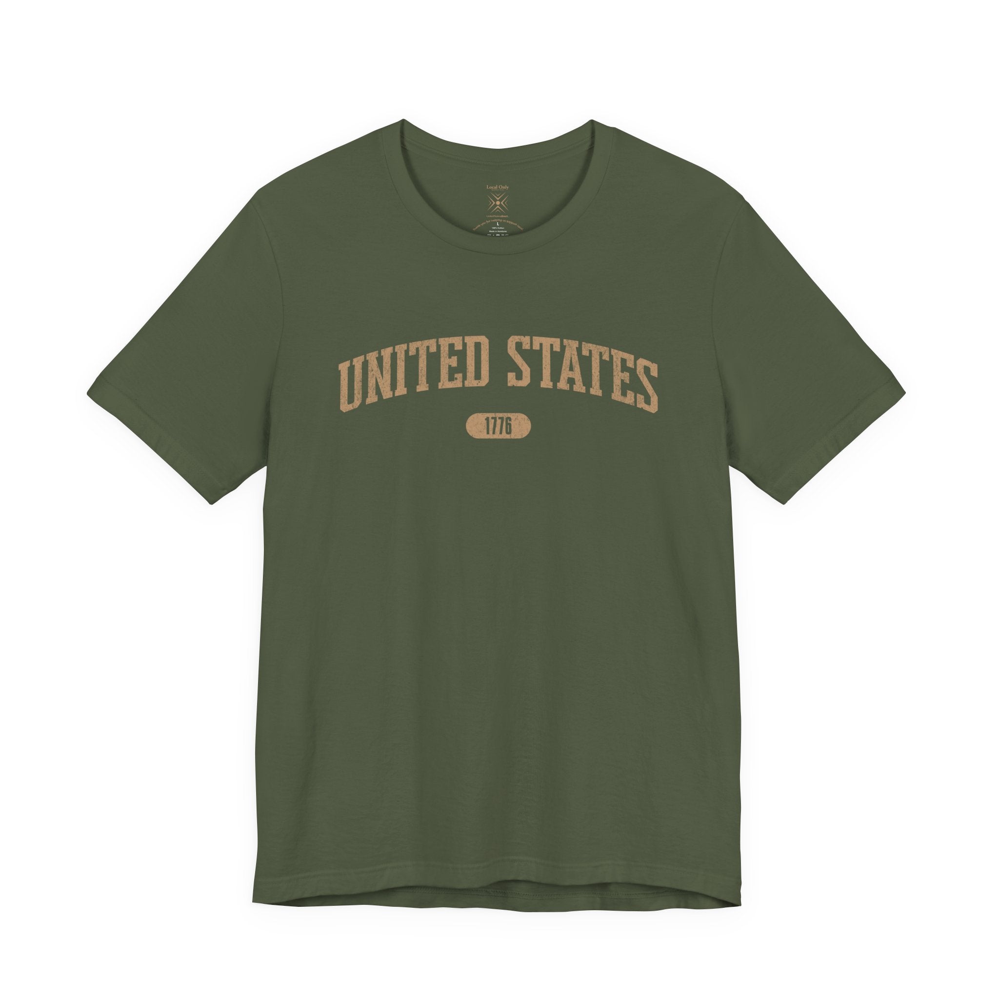 Military Green t-shirt with 'UNITED STATES 1776' in tan collegiate text.