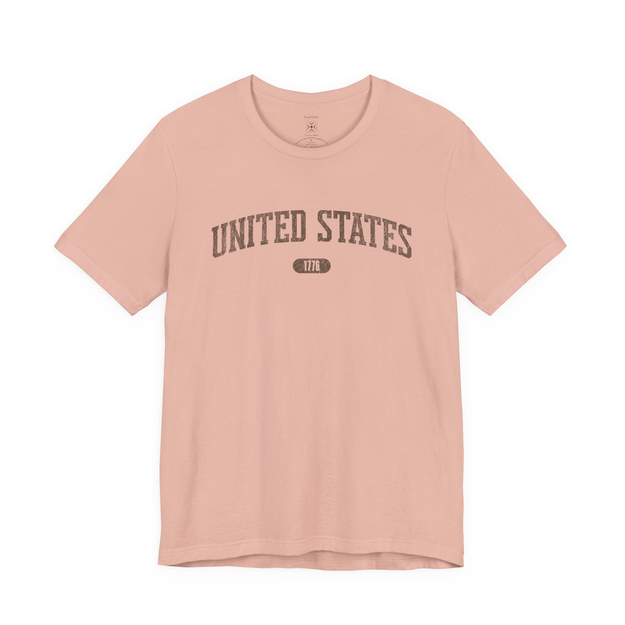 Peach t-shirt with 'UNITED STATES 1776' in brown collegiate text.