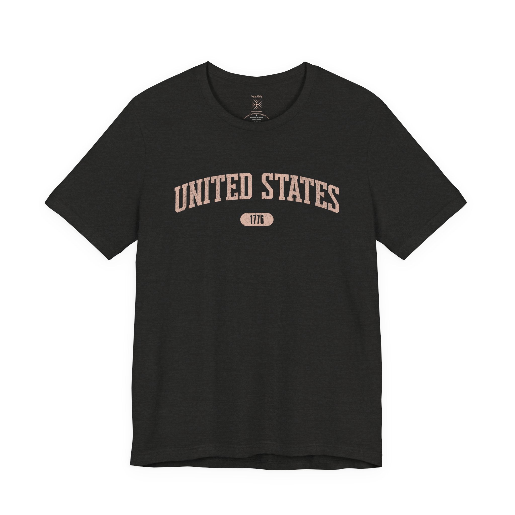 Black Heather t-shirt with 'UNITED STATES 1776' in transcendent pink collegiate text.