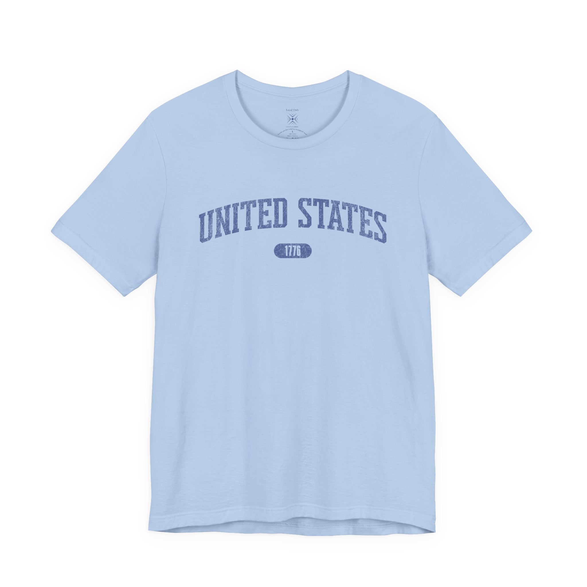 Baby Blue t-shirt with 'UNITED STATES 1776' in blue collegiate text.