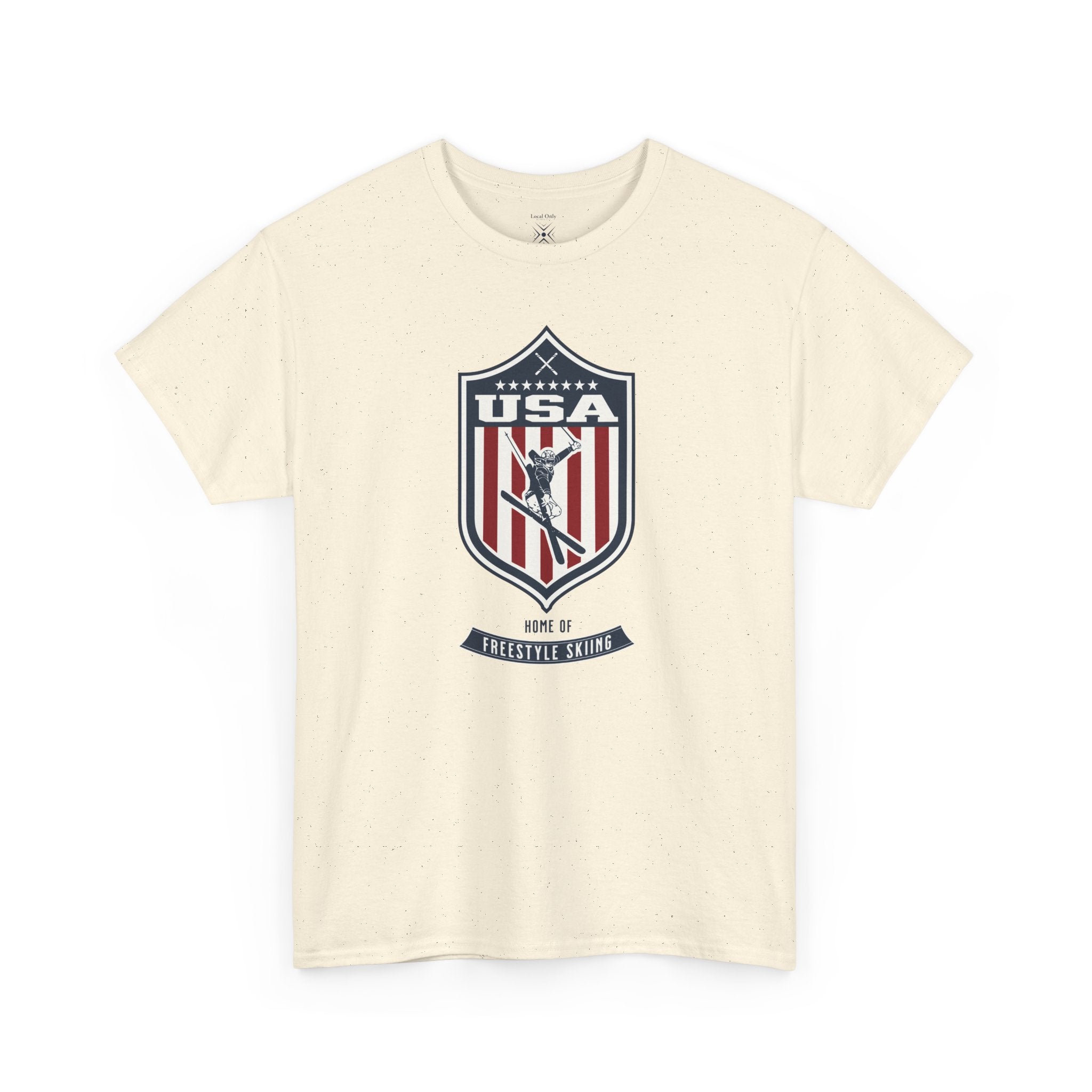USA Home Of Freestyle Skiing Vintage Athletic T-Shirt – Navy Red White Crest Graphic
