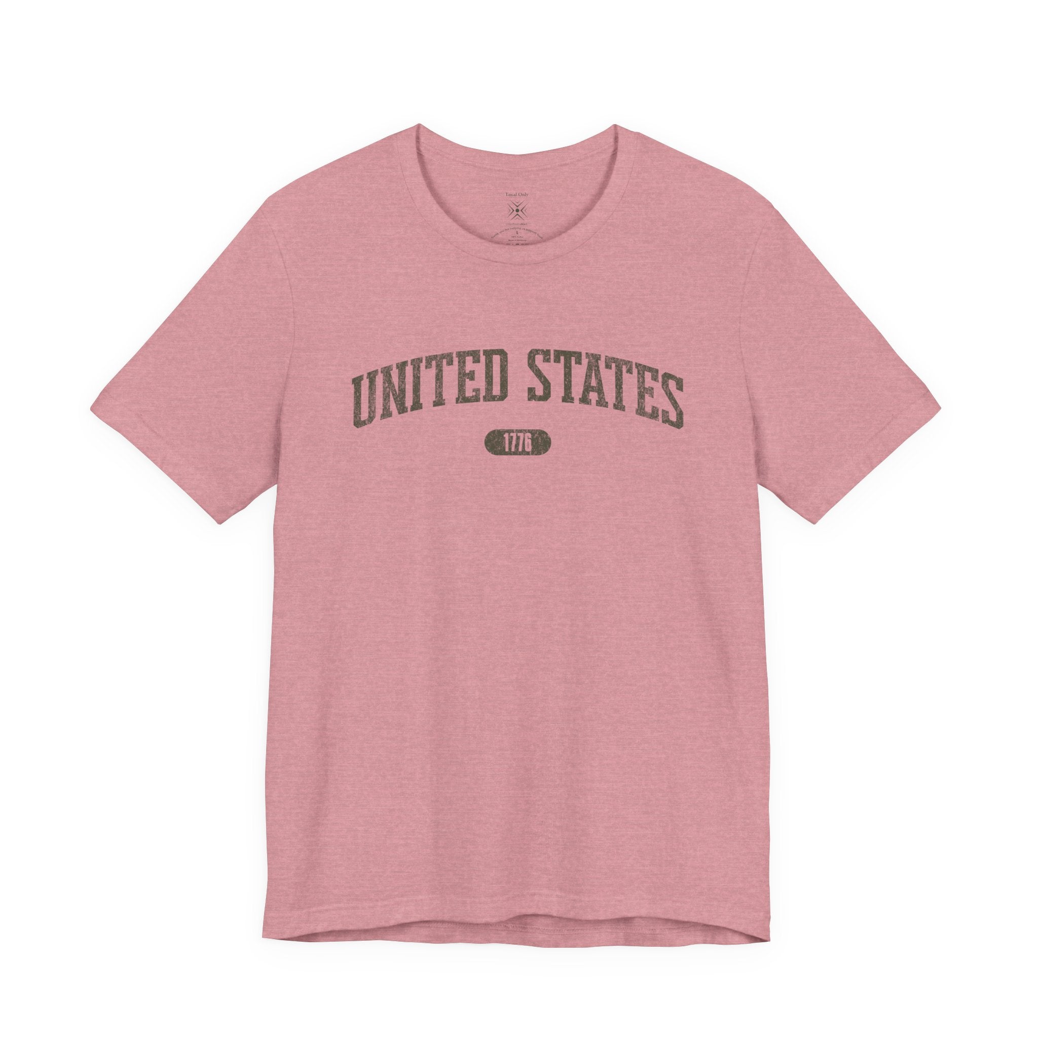 Heather Orchid t-shirt with 'UNITED STATES 1776' in olive green collegiate text.