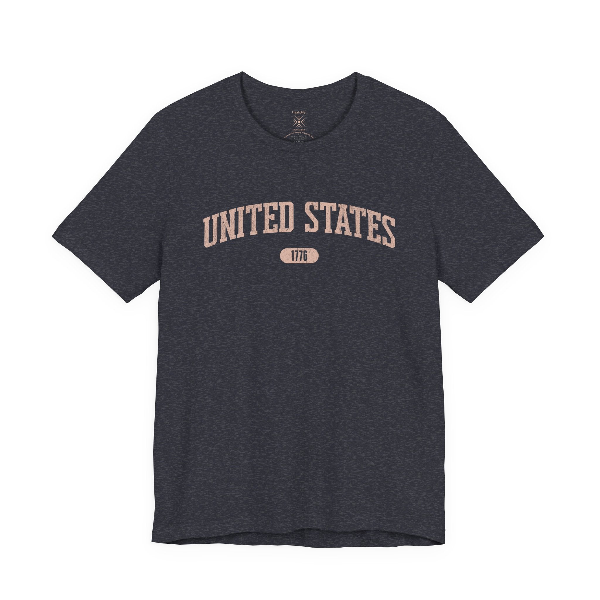 Heather Navy t-shirt with 'UNITED STATES 1776' in transcendent pink collegiate text.