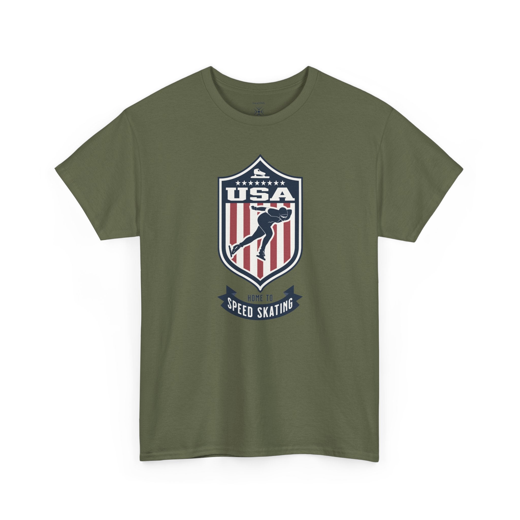 USA Home To Speed Skating Vintage Athletic T-Shirt – Navy Red White Crest Graphic