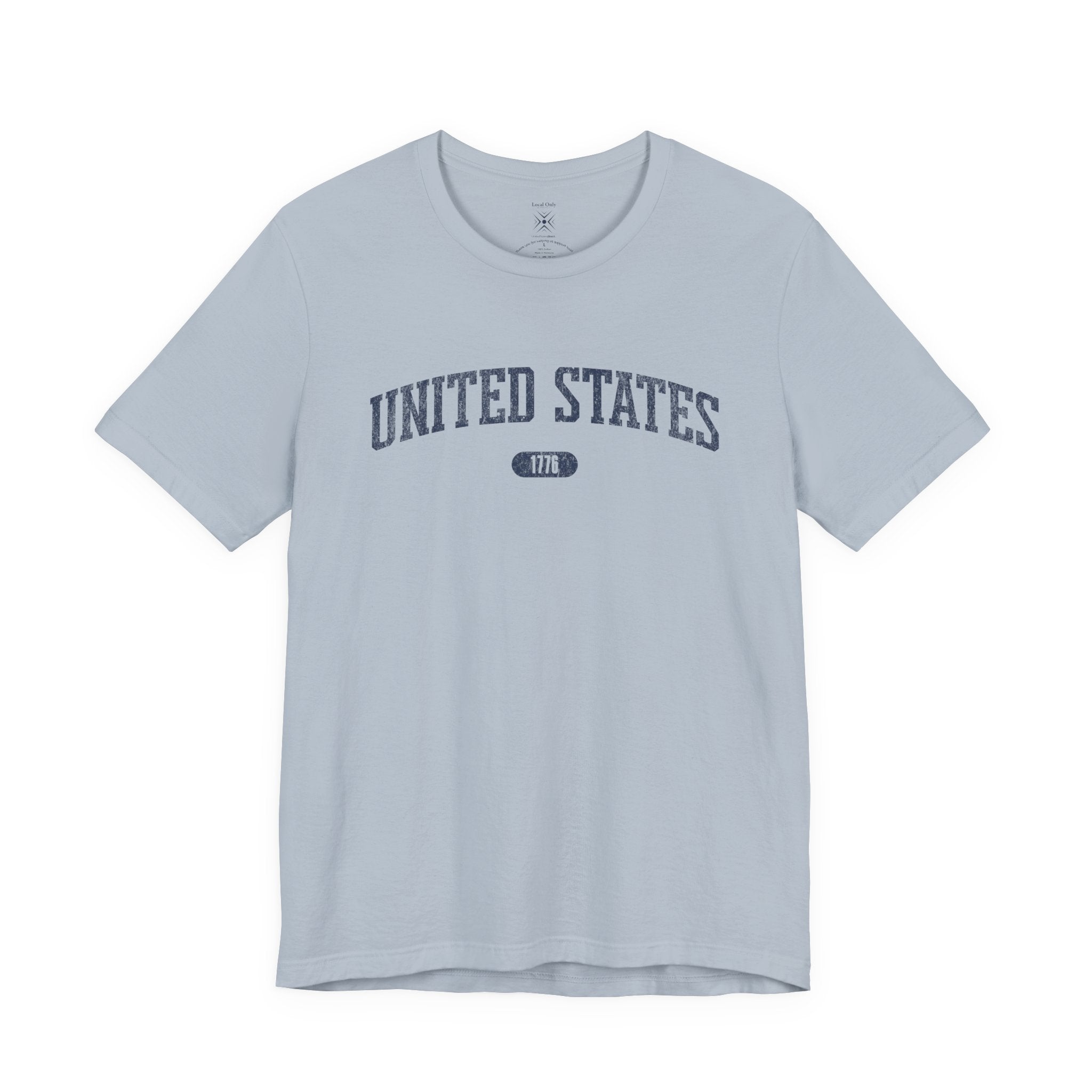 Light Blue t-shirt with 'UNITED STATES 1776' in navy collegiate text.
