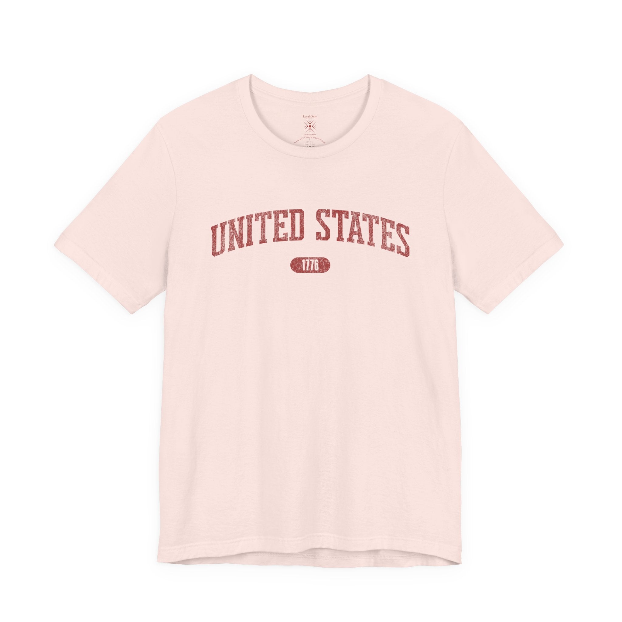 Soft Pink t-shirt with 'UNITED STATES 1776' in red collegiate text