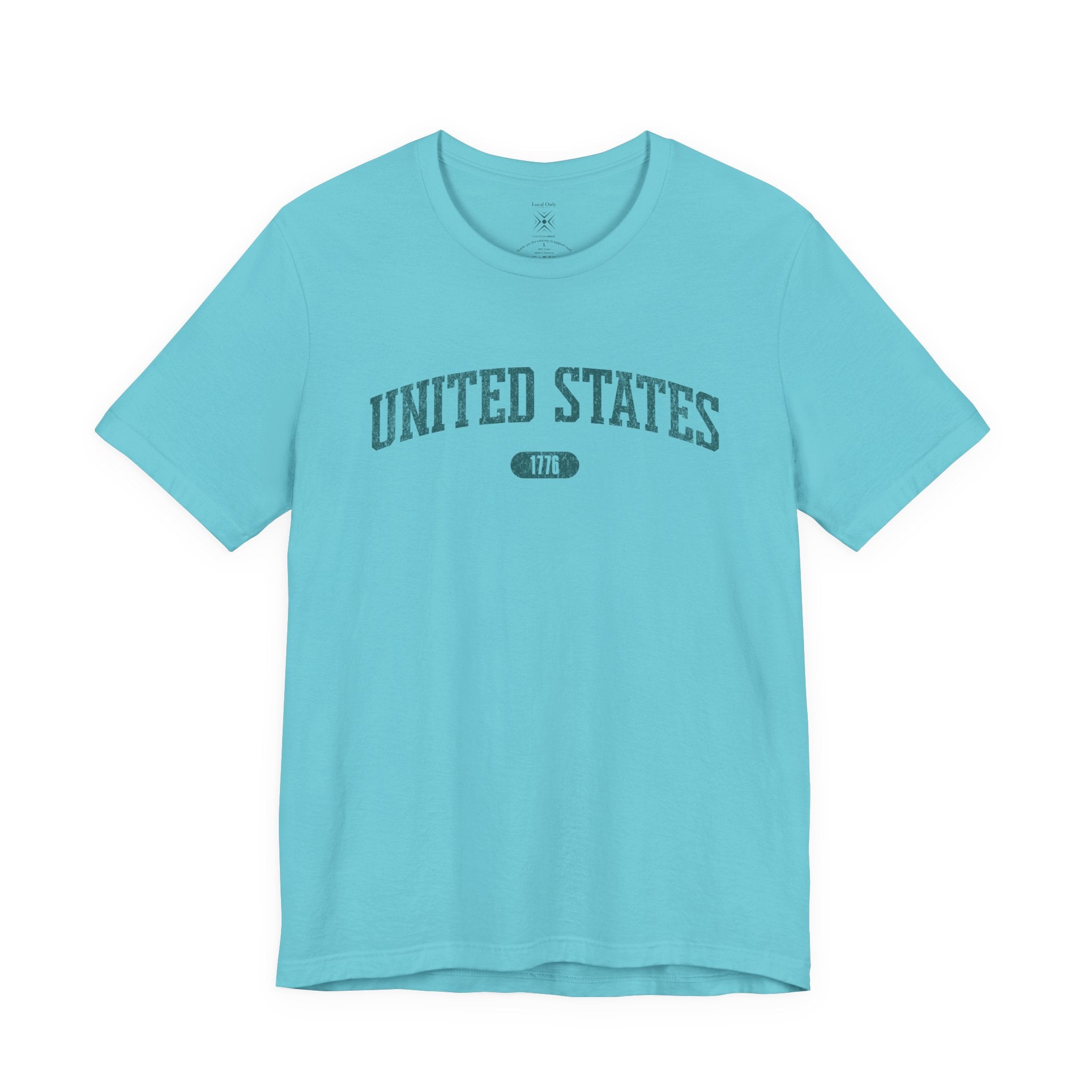 Turquoise t-shirt with 'UNITED STATES 1776' in teal collegiate text.