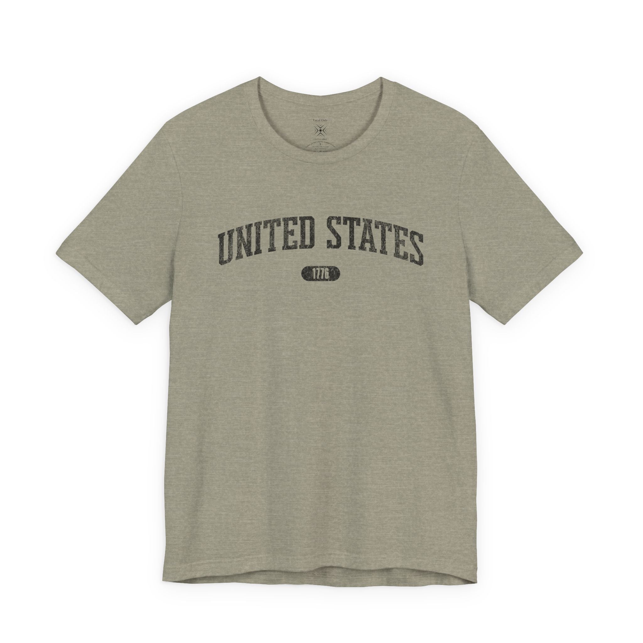 Heather Stone t-shirt with 'UNITED STATES 1776' black collegiate text.