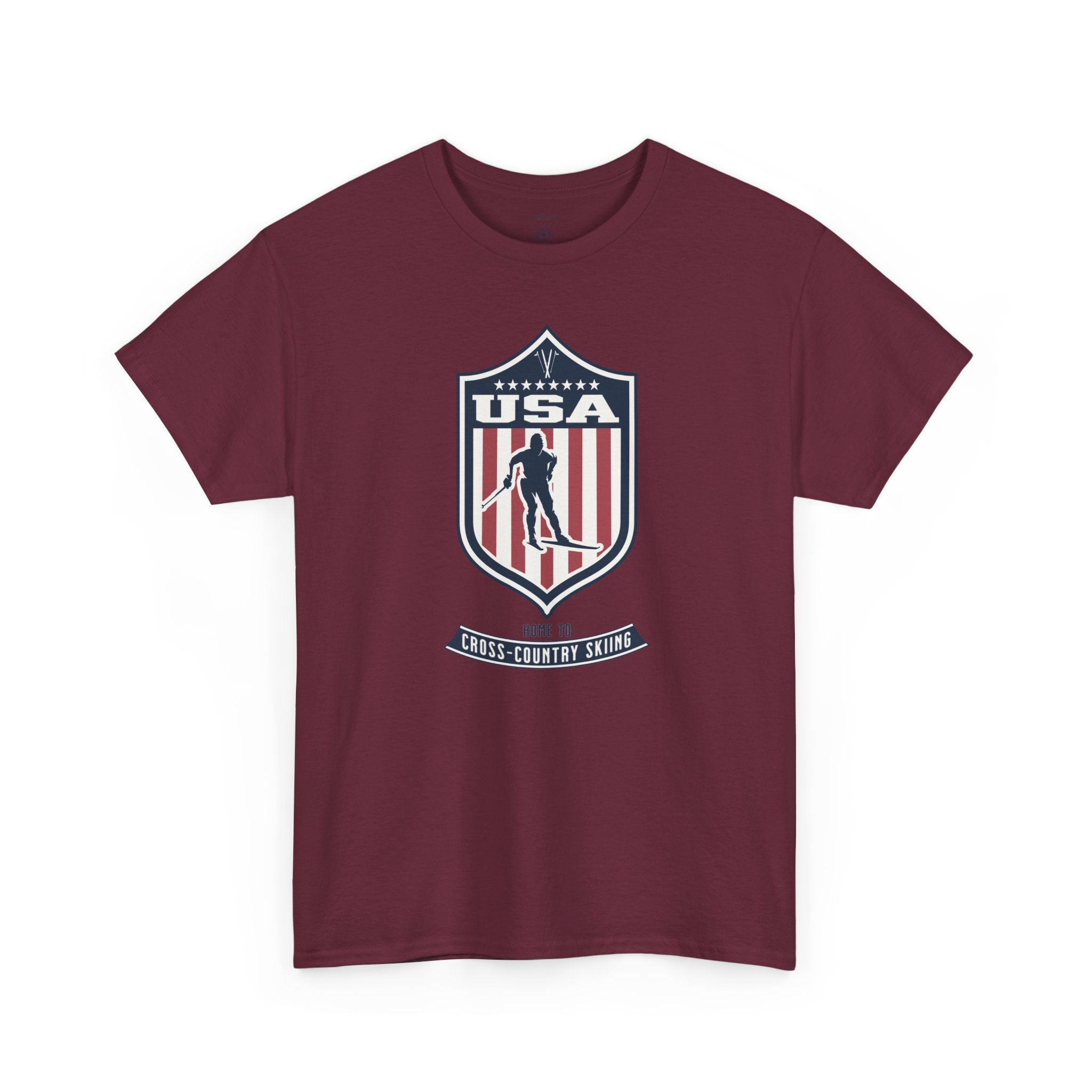 USA Home To Cross-Country Skiing Vintage Athletic T-Shirt – Navy Red White Crest Graphic