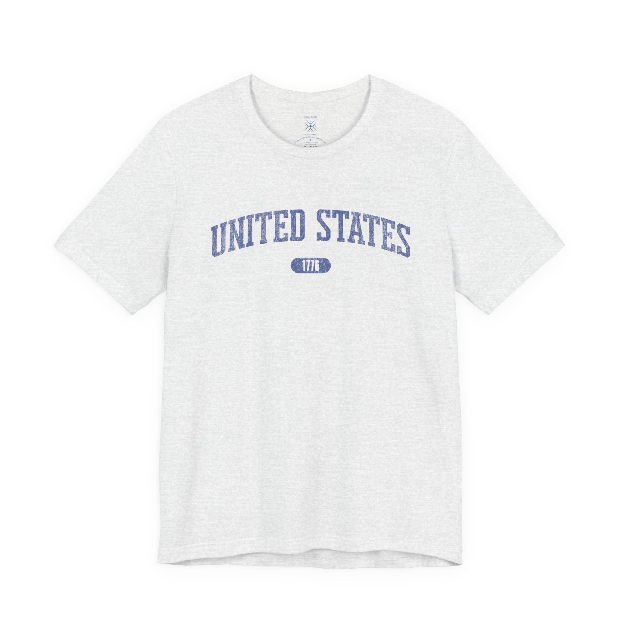 Ash t-shirt with 'UNITED STATES 1776' in blue collegiate text.