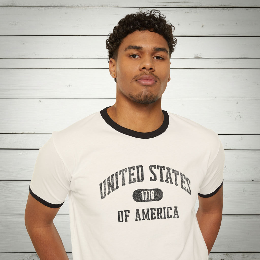United States of America 1776 Vintage Collegiate Ringer Tee – Black Graphic – Neutrals with Black Trim