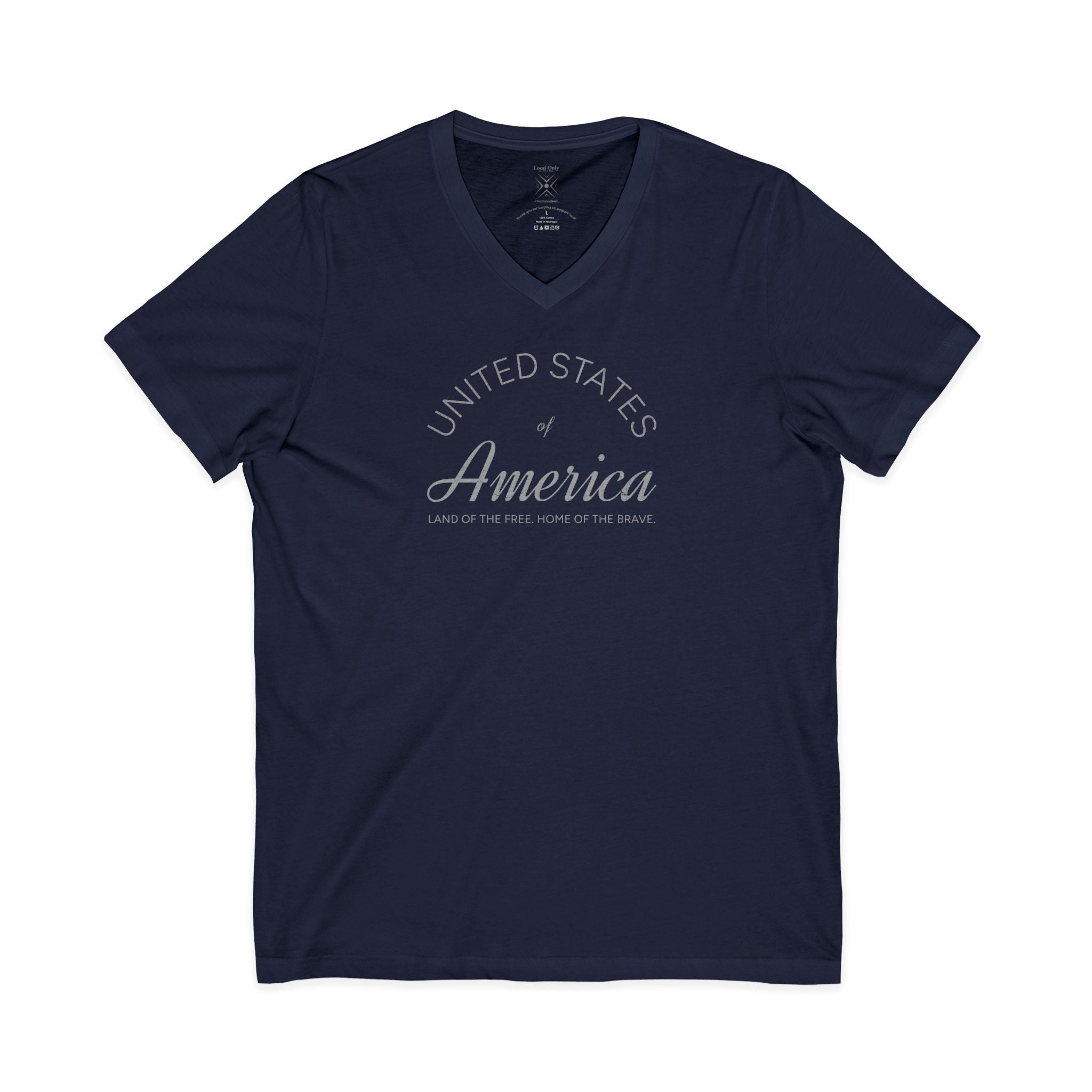 United States of America Land of the Free Home of the Brave Americana Script V-Neck Tee – Silver Gray Graphic