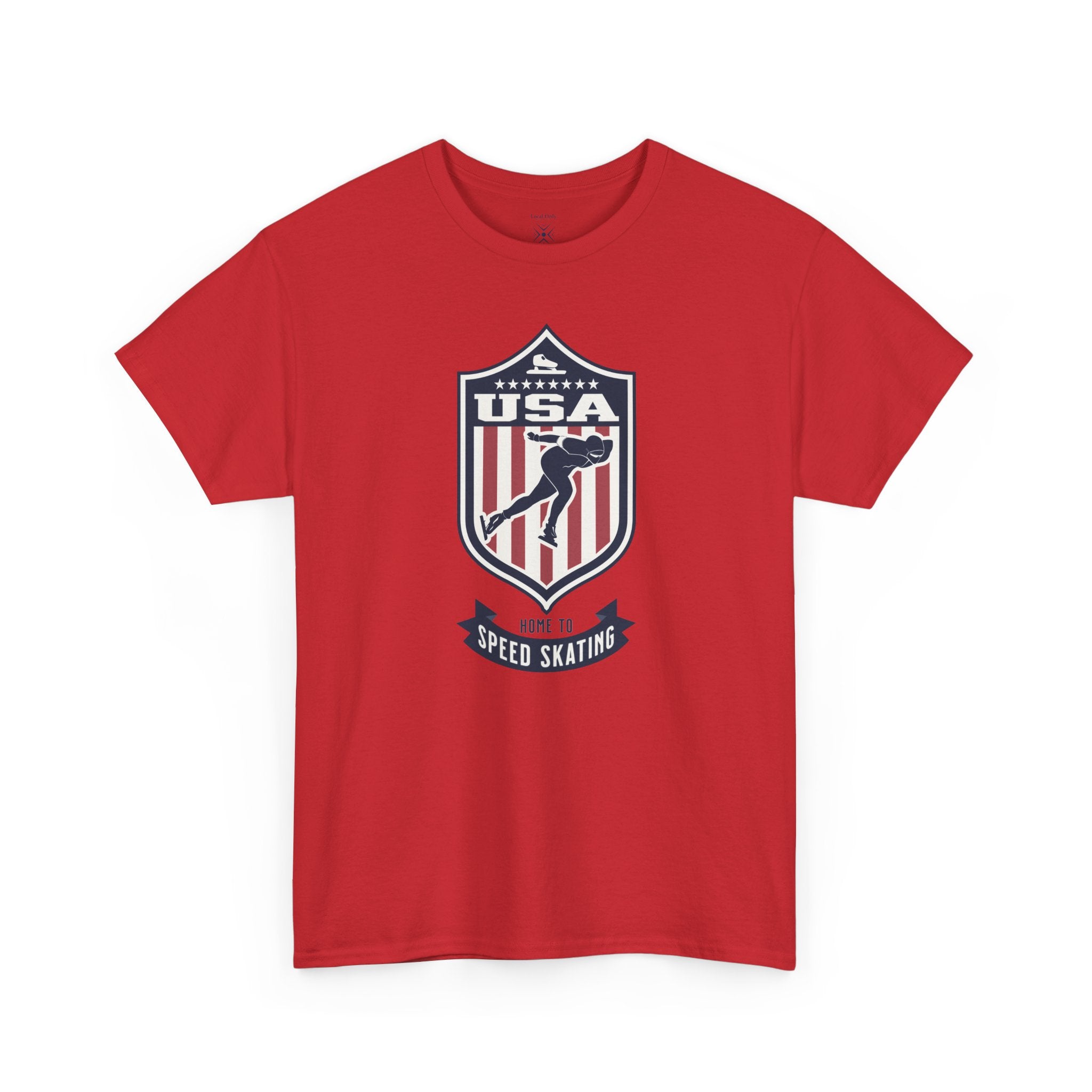 USA Home To Speed Skating Vintage Athletic T-Shirt – Navy Red White Crest Graphic