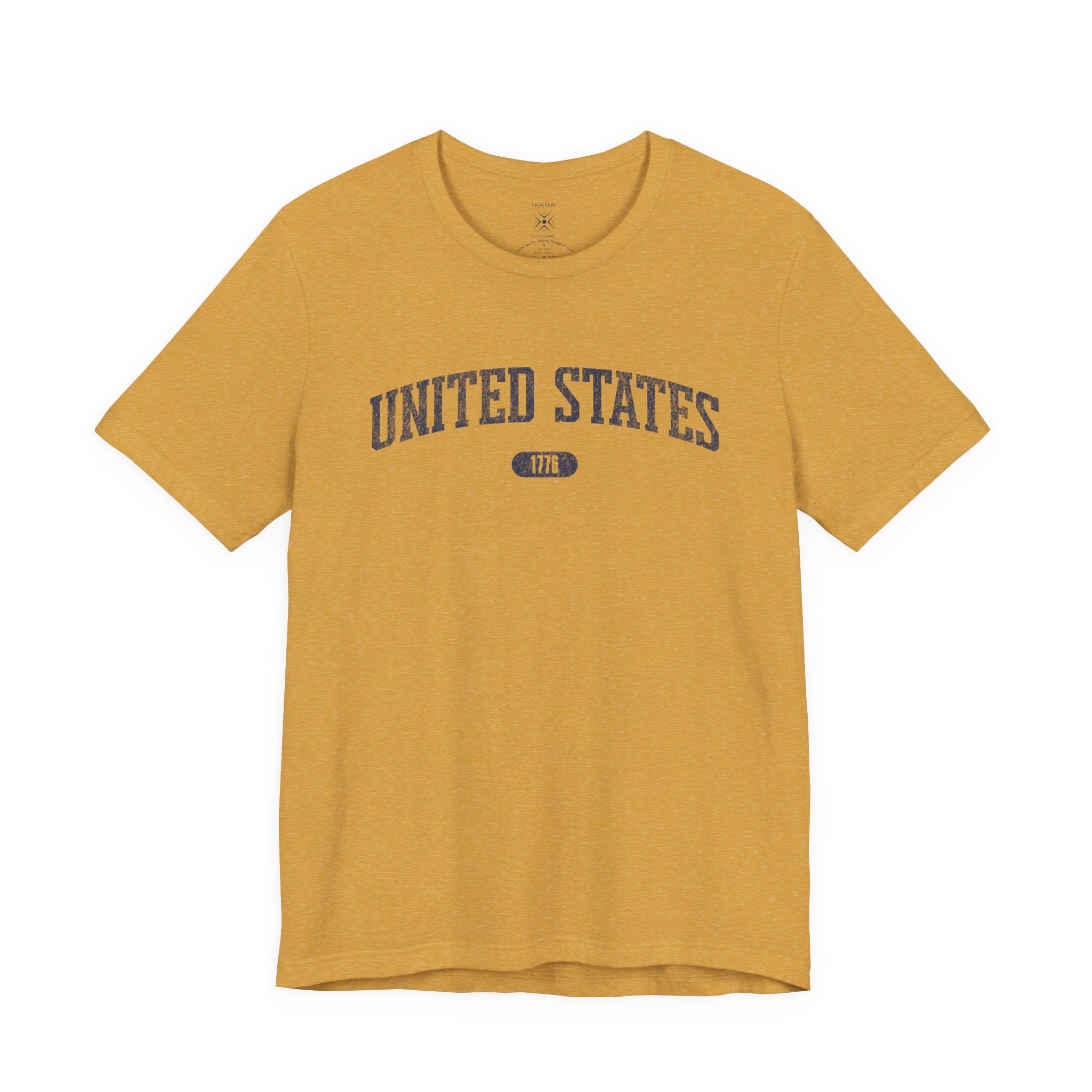 Heather Mustard t-shirt with 'UNITED STATES 1776' in navy collegiate text.