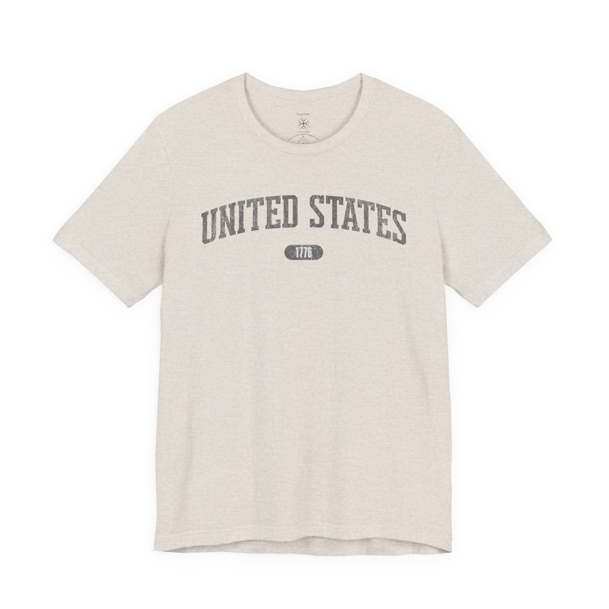 Heather Cool Grey t-shirt with 'UNITED STATES 1776' in gray collegiate text.