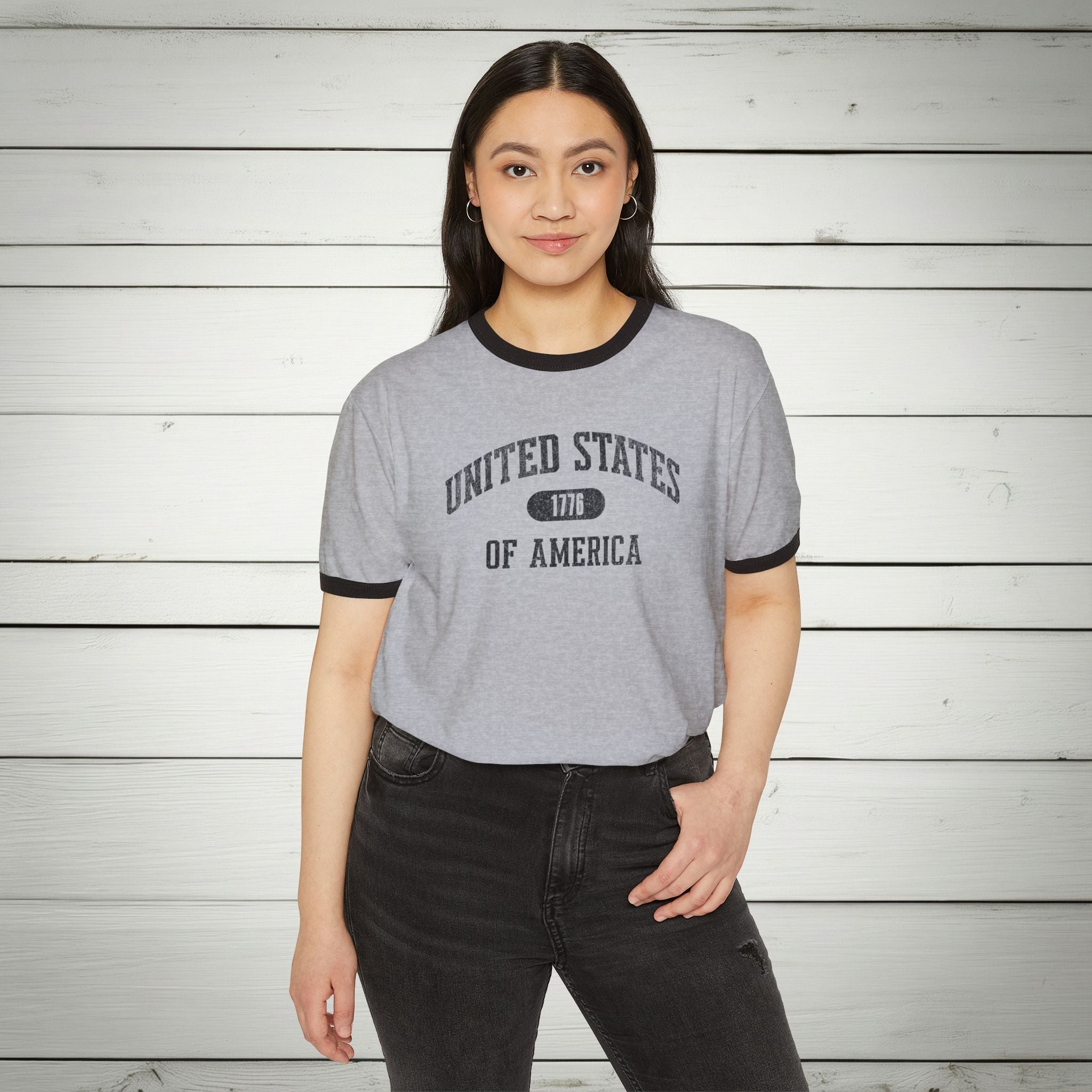 United States of America 1776 Vintage Collegiate Ringer Tee – Black Graphic – Neutrals with Black Trim