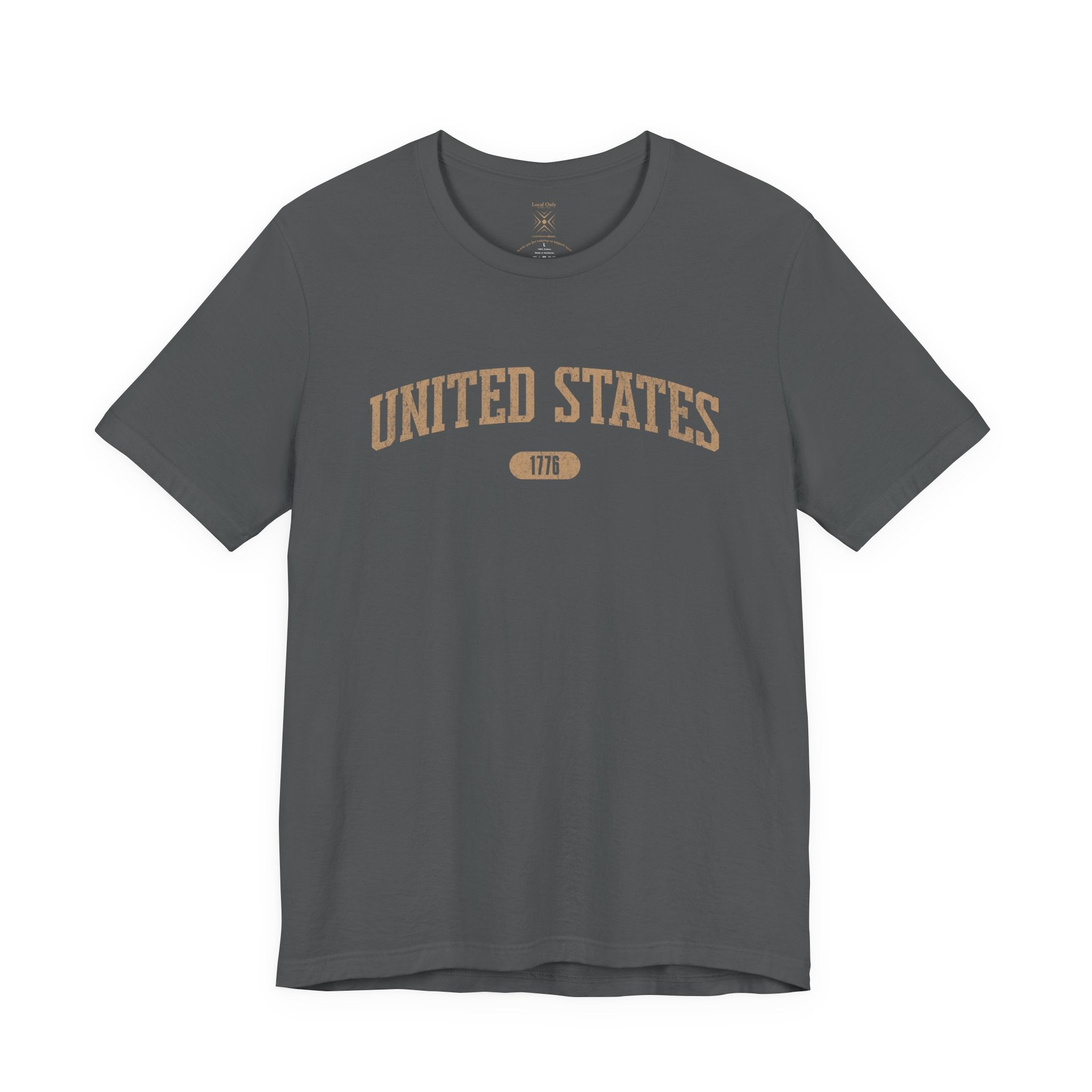 Asphalt t-shirt with 'UNITED STATES 1776' in tan collegiate text.