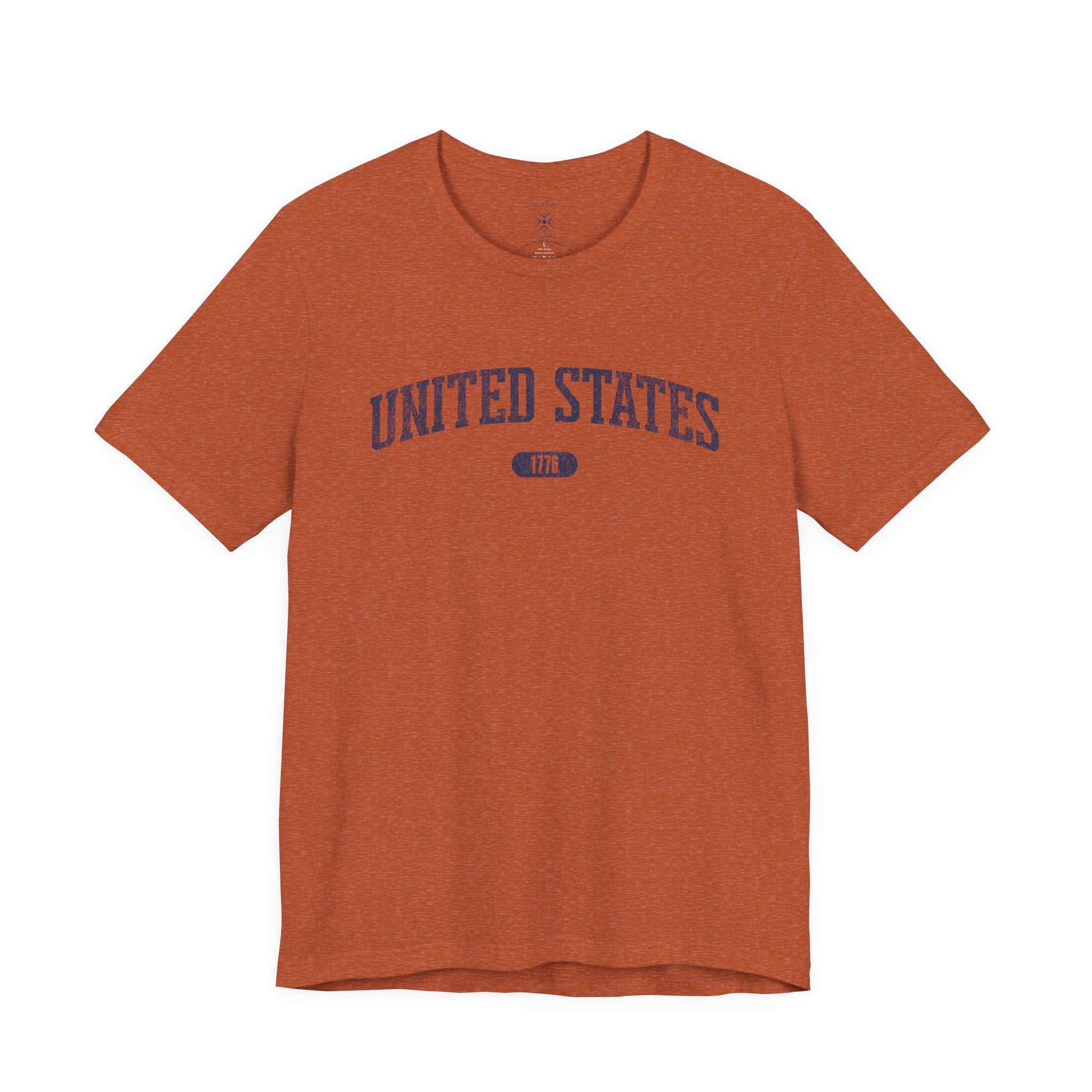Heather Autumn t-shirt with 'UNITED STATES 1776' in navy collegiate text.