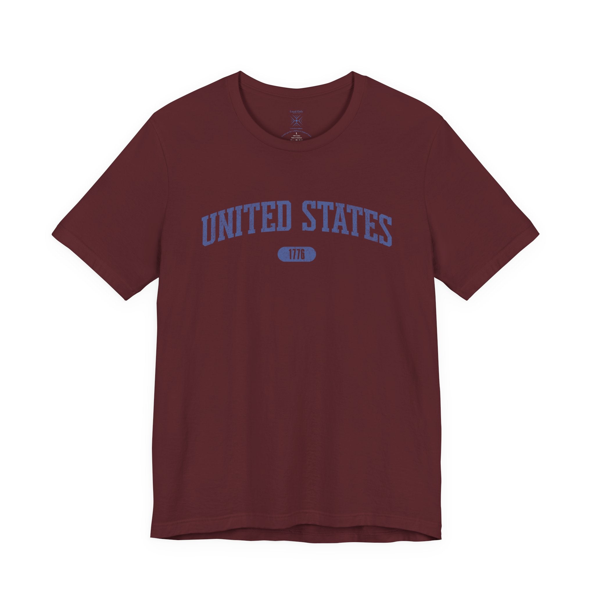 Maroon t-shirt with 'UNITED STATES 1776' in blue collegiate text.