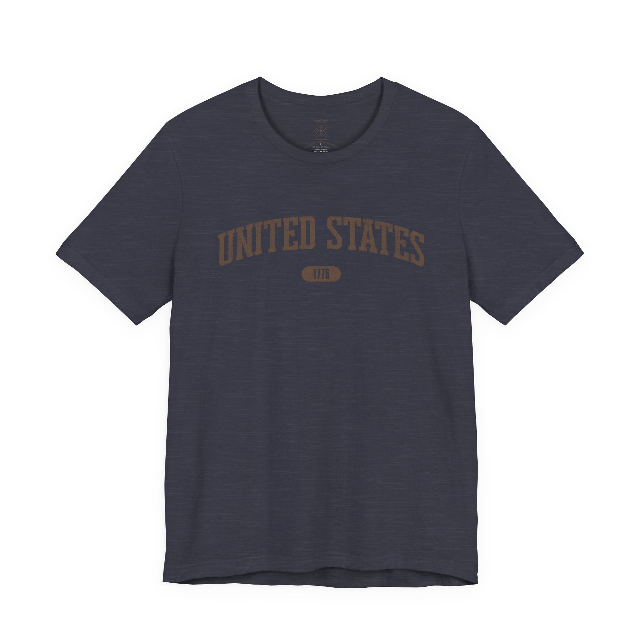 Heather Midnight Navy t-shirt with 'UNITED STATES 1776' in brown collegiate text.