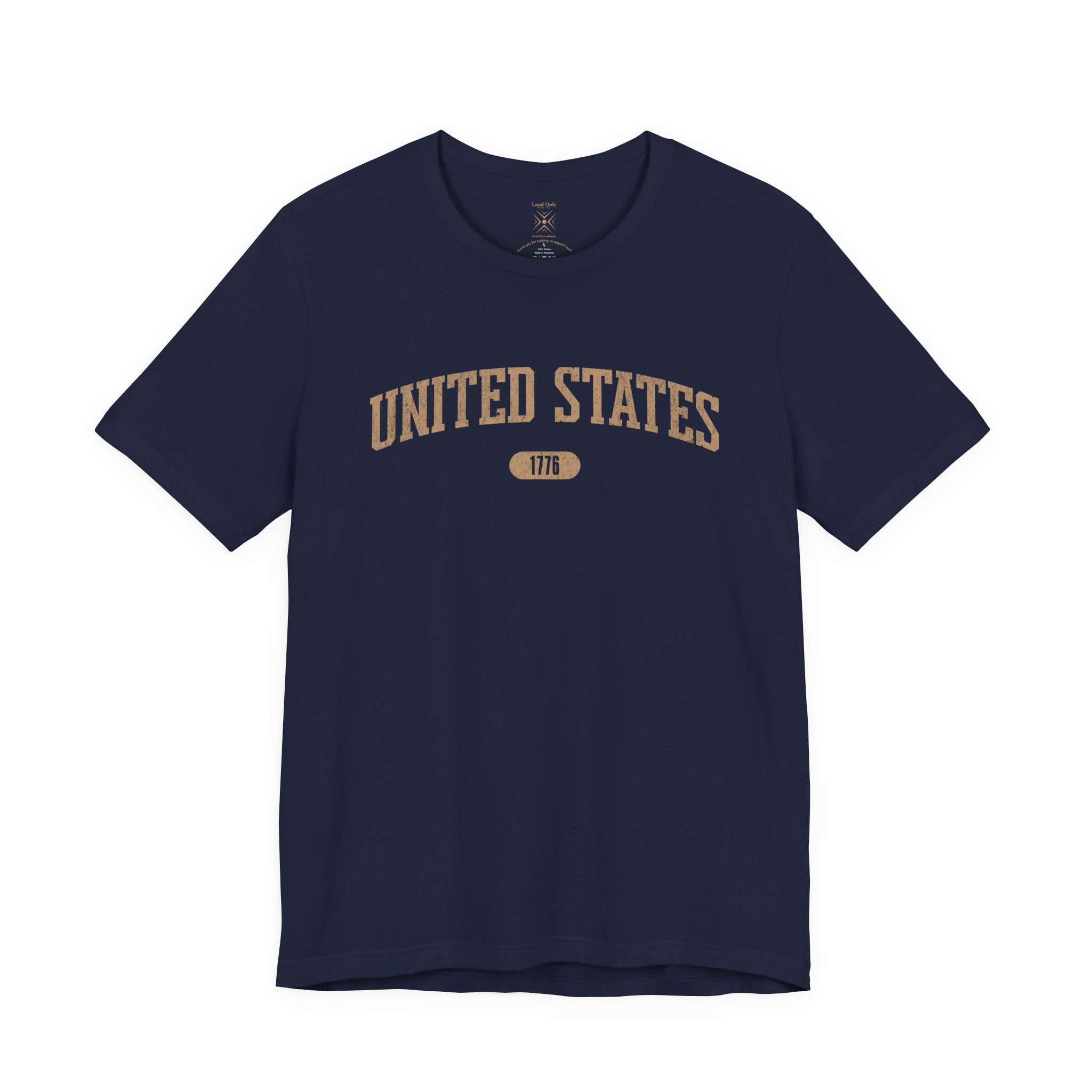Navy t-shirt with 'UNITED STATES 1776' in tan collegiate text.