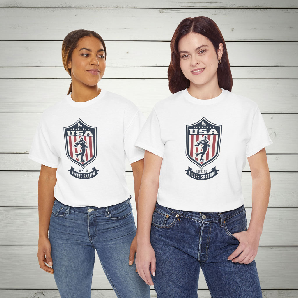 USA Home To Figure Skating Vintage Athletic T-Shirt – Navy Red White Crest Graphic