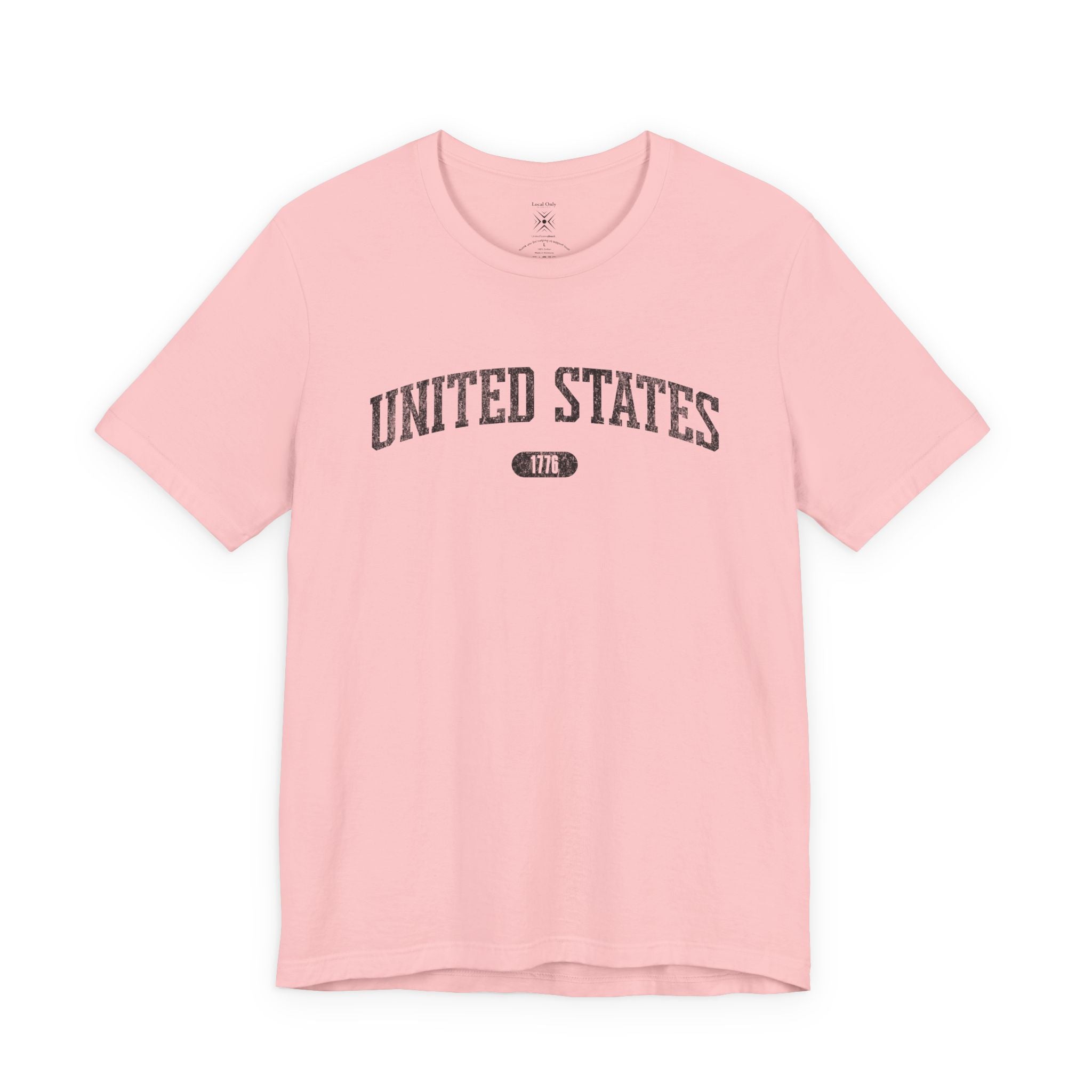 Pink t-shirt with 'UNITED STATES 1776' in black collegiate text.