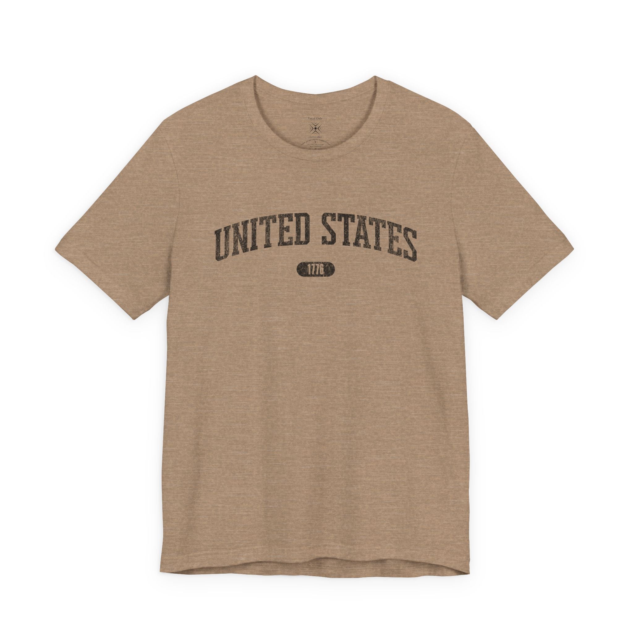 Heather Tan t-shirt with 'UNITED STATES 1776' black collegiate text.