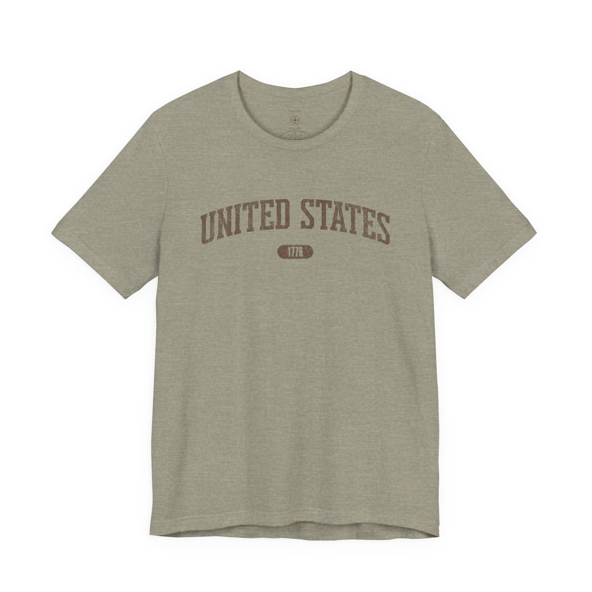 Heather Stone t-shirt with 'UNITED STATES 1776' in brown collegiate text.