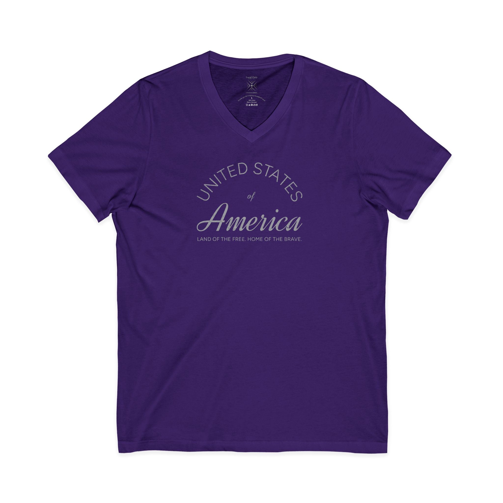 United States of America Land of the Free Home of the Brave Americana Script V-Neck Tee – Silver Gray Graphic