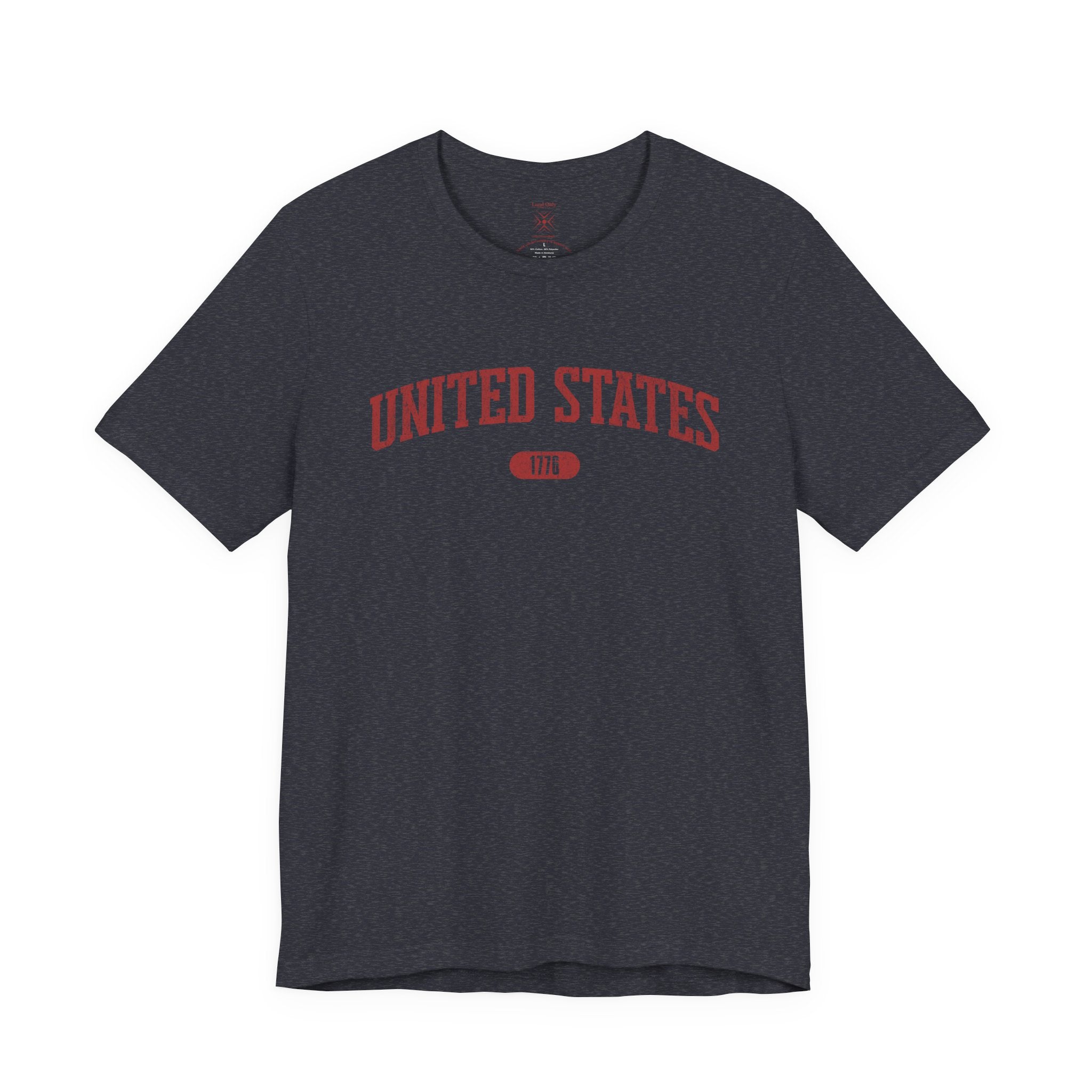 Heather Navy t-shirt with 'UNITED STATES 1776' in red collegiate text