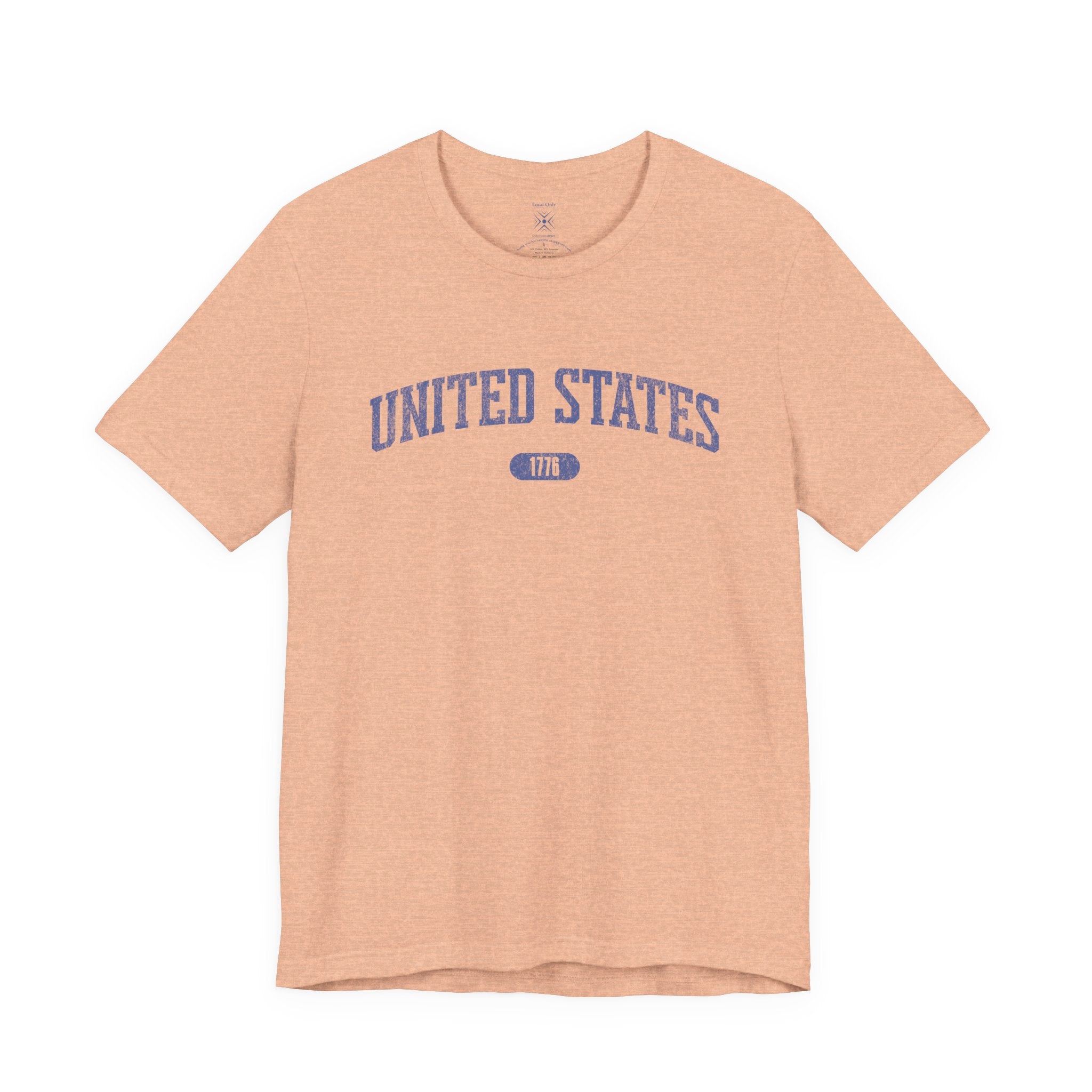 Heather Peach t-shirt with 'UNITED STATES 1776' in blue collegiate text.