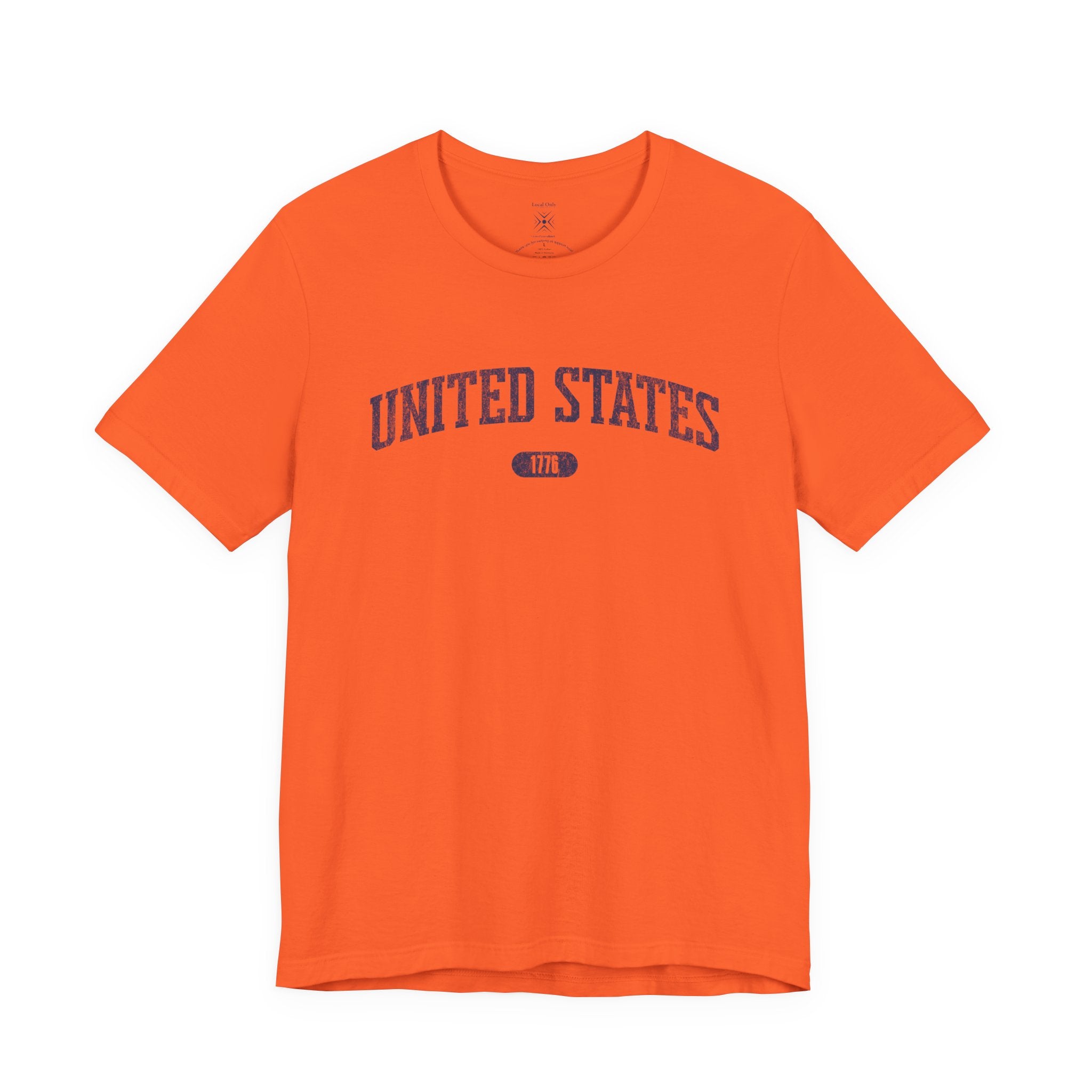 Orange t-shirt with 'UNITED STATES 1776' in navy collegiate text.