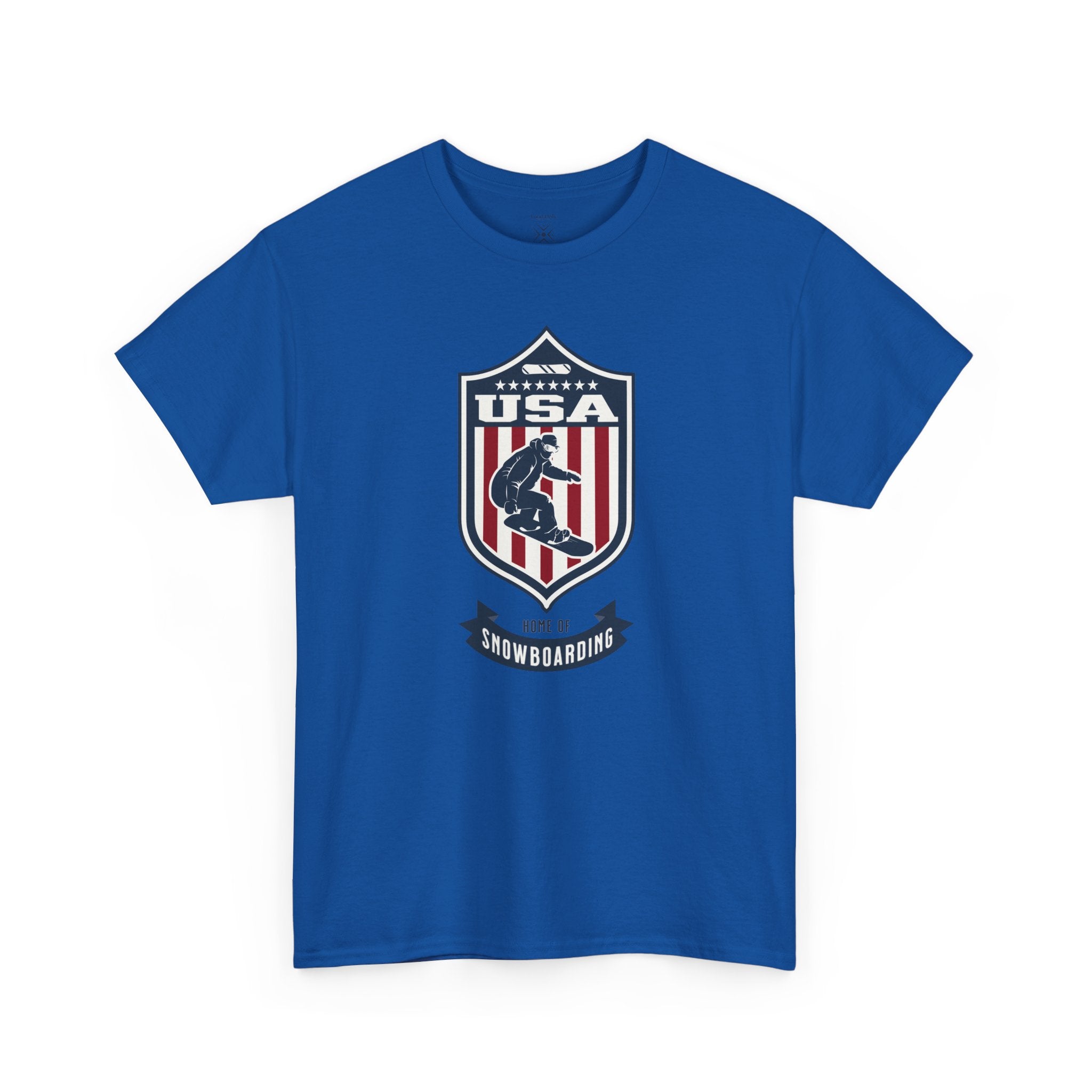 USA Home Of Snowboarding Vintage Athletic T-Shirt – Navy Red White Crest Graphic