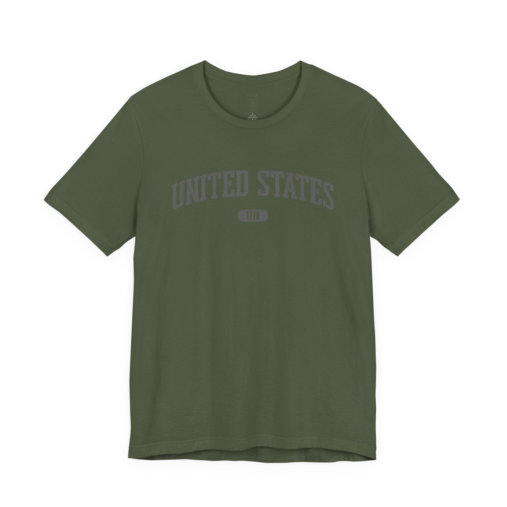Military Green t-shirt with 'UNITED STATES 1776' in gray collegiate text.