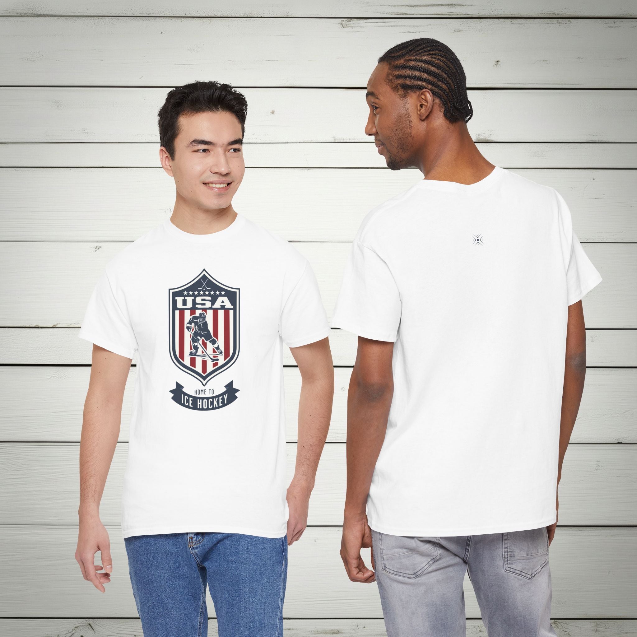 USA Home To Ice Hockey Vintage Athletic T-Shirt – Navy Red White Crest Graphic