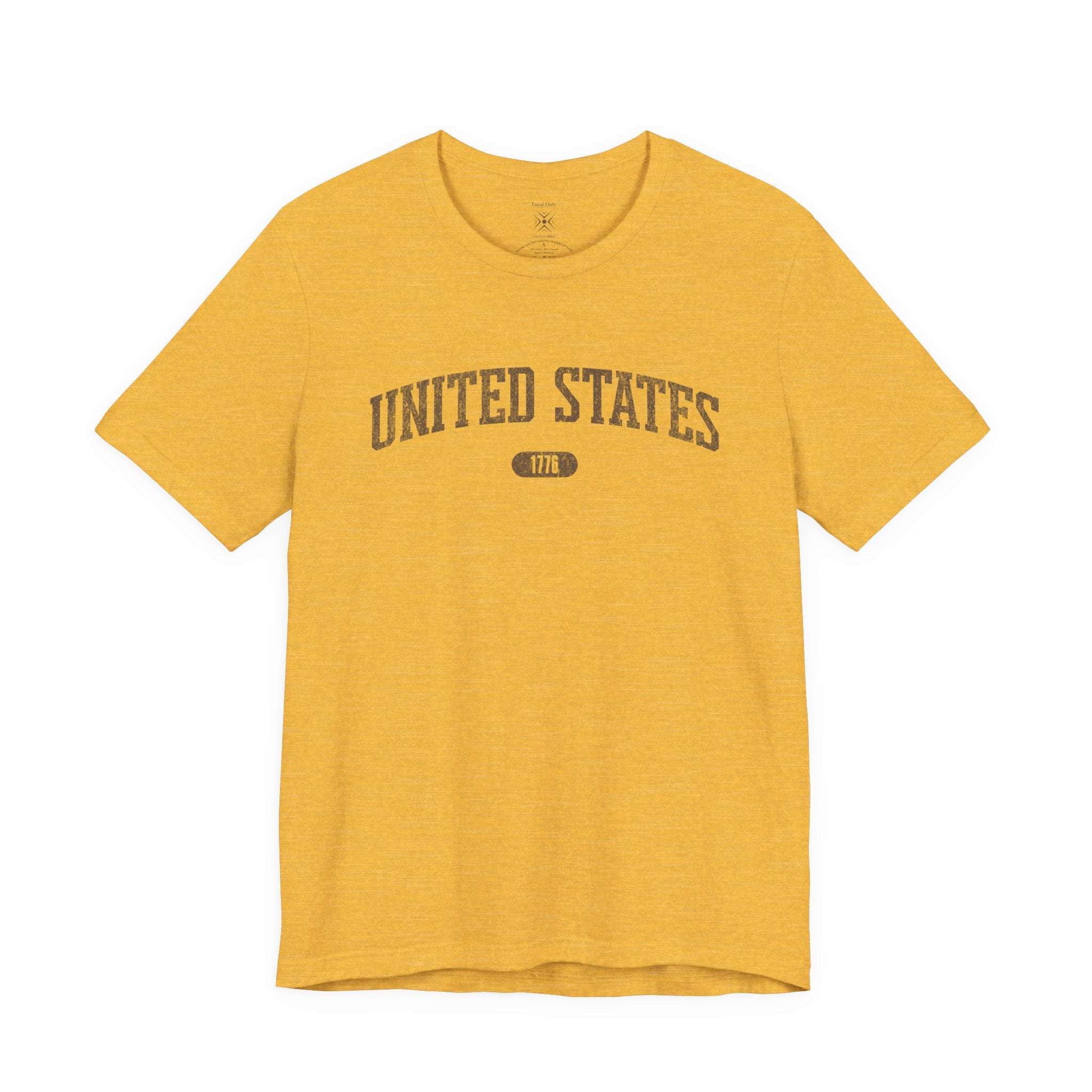 Heather Yellow Gold t-shirt with 'UNITED STATES 1776' in brown collegiate text.
