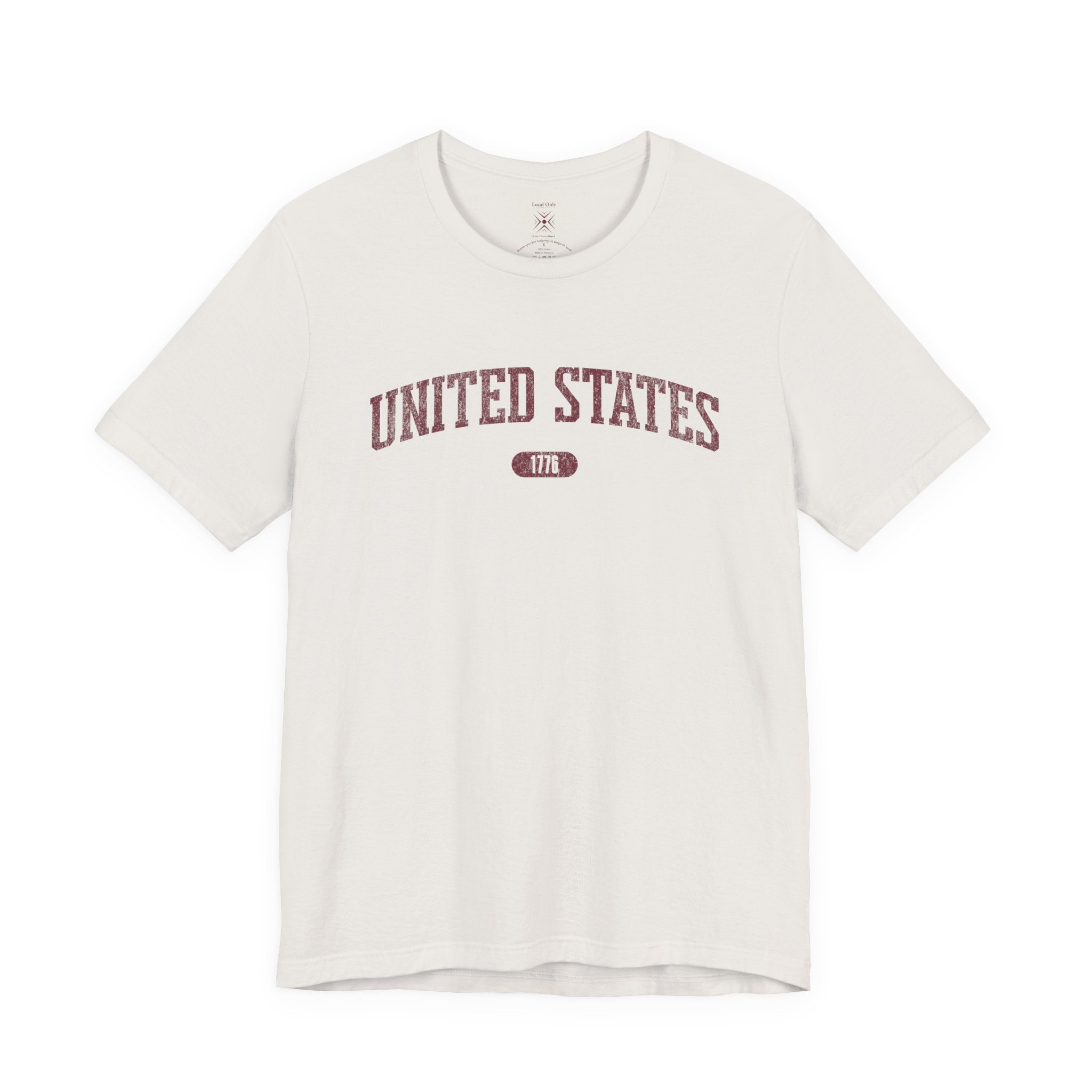Vintage White t-shirt with 'UNITED STATES 1776' in burgundy collegiate text.