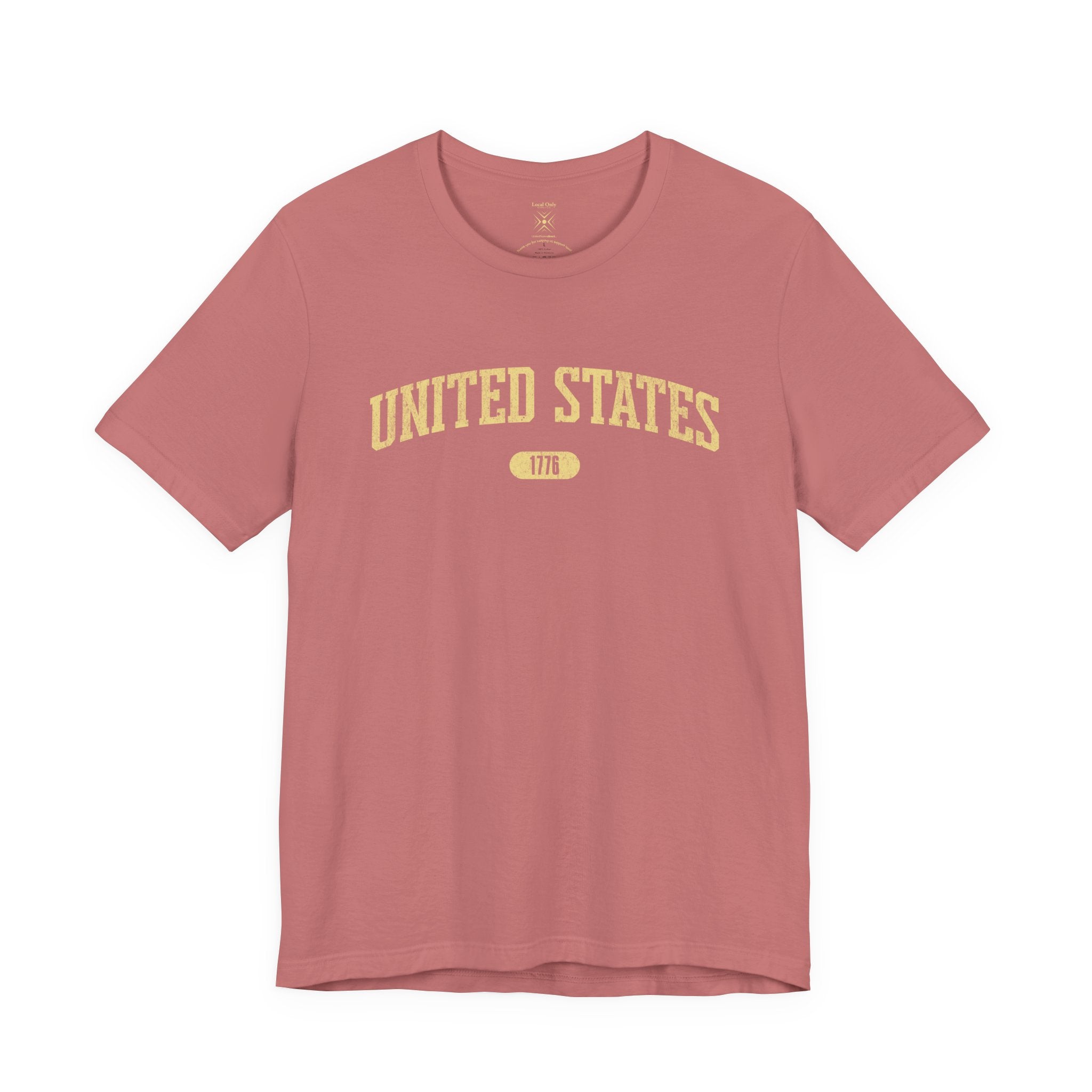 Mauve t-shirt with 'UNITED STATES 1776' in yellow collegiate text.