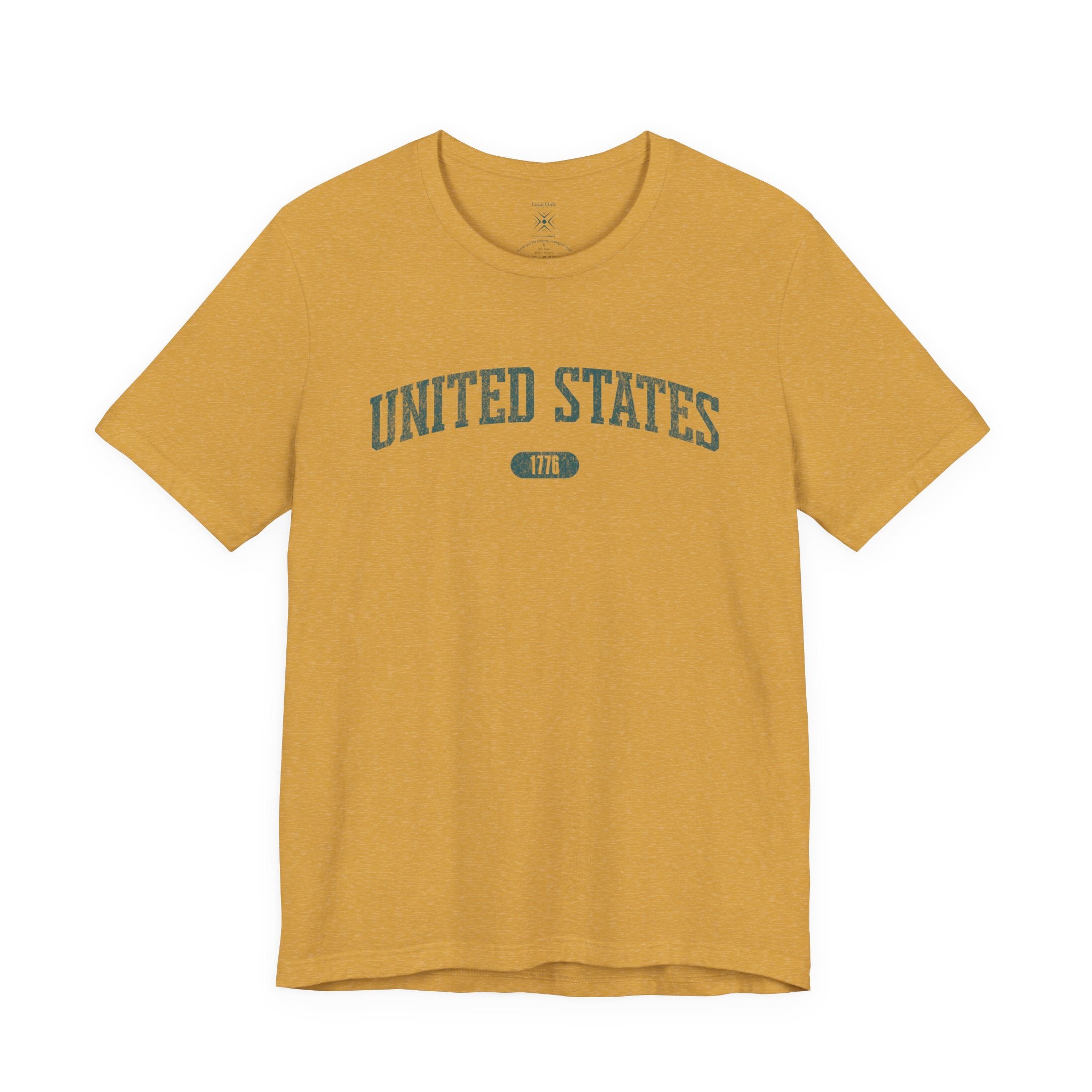 Heather Mustard t-shirt with 'UNITED STATES 1776' in teal collegiate text.