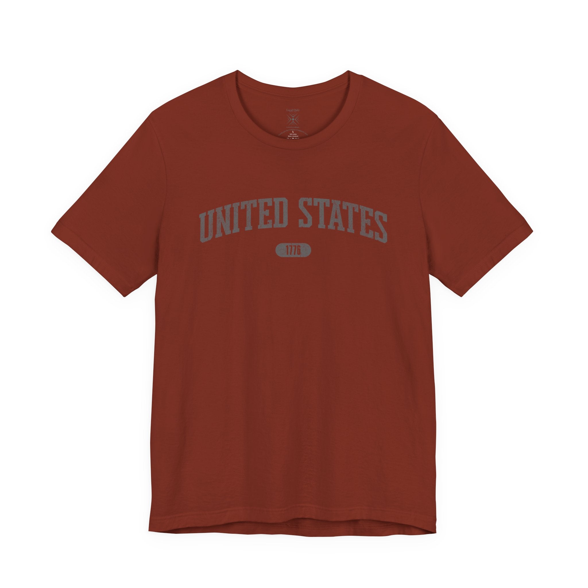 Rust t-shirt with 'UNITED STATES 1776' in gray collegiate text.