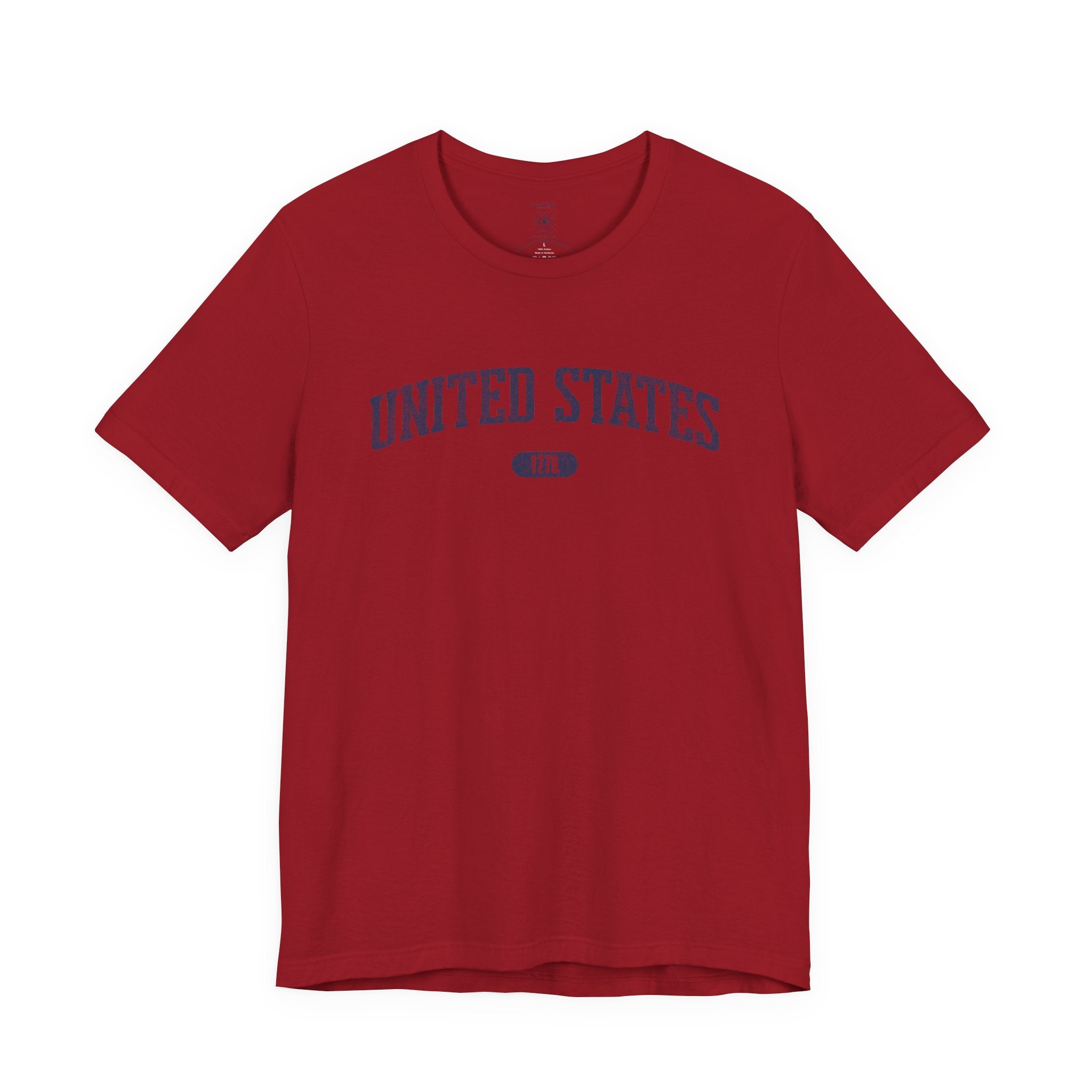 Canvas Red t-shirt with 'UNITED STATES 1776' in navy collegiate text.