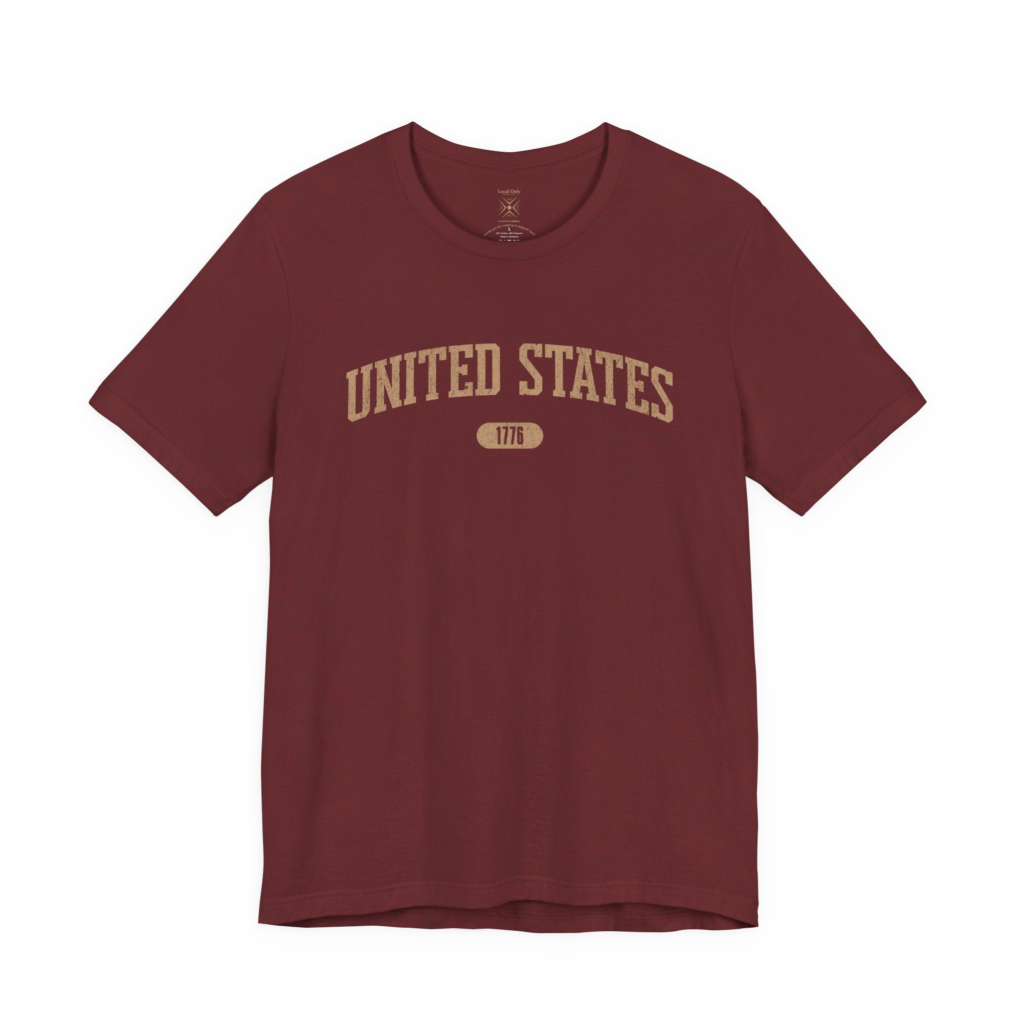 Heather Cardinal t-shirt with 'UNITED STATES 1776' in tan collegiate text.