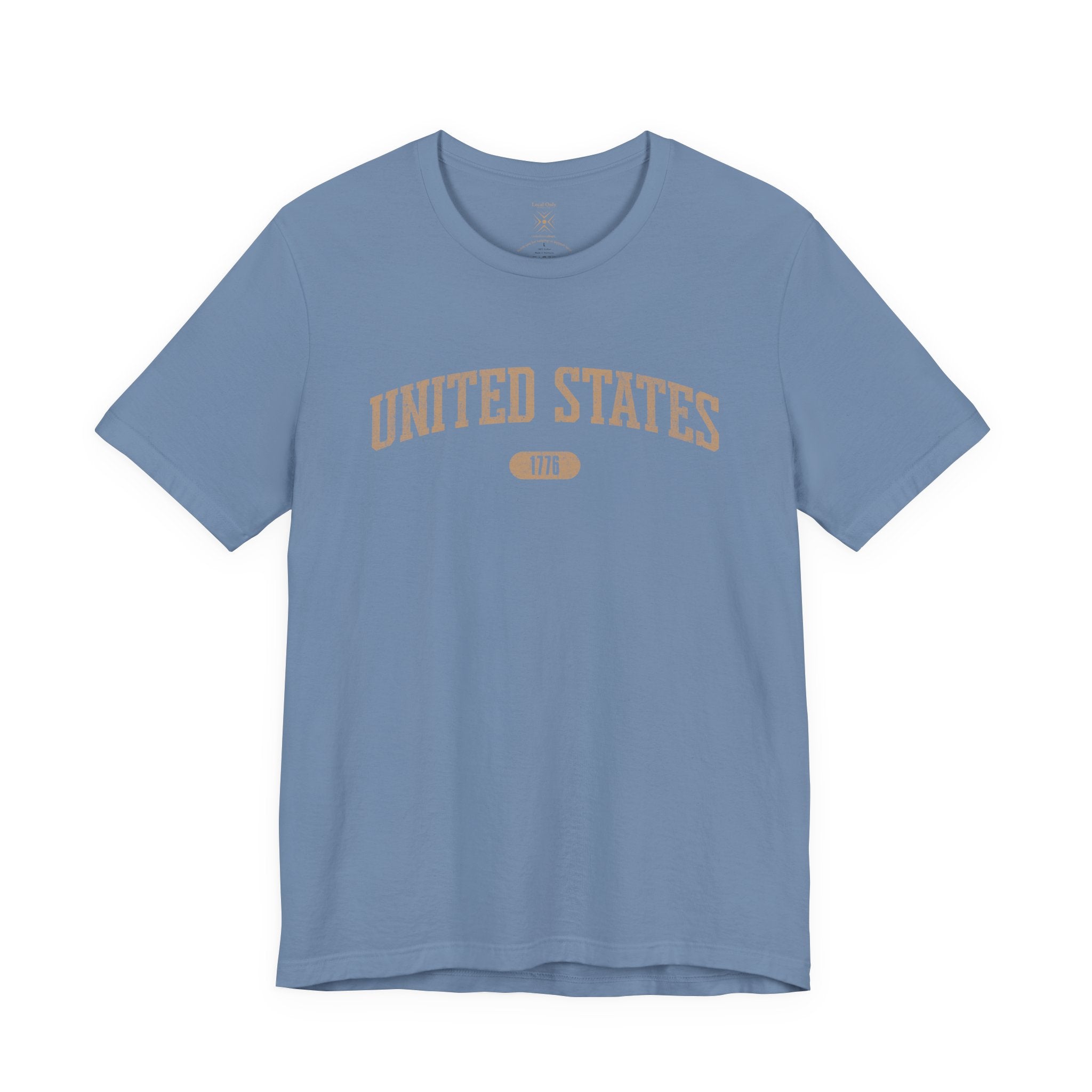 Steel Blue t-shirt with 'UNITED STATES 1776' in tan collegiate text.