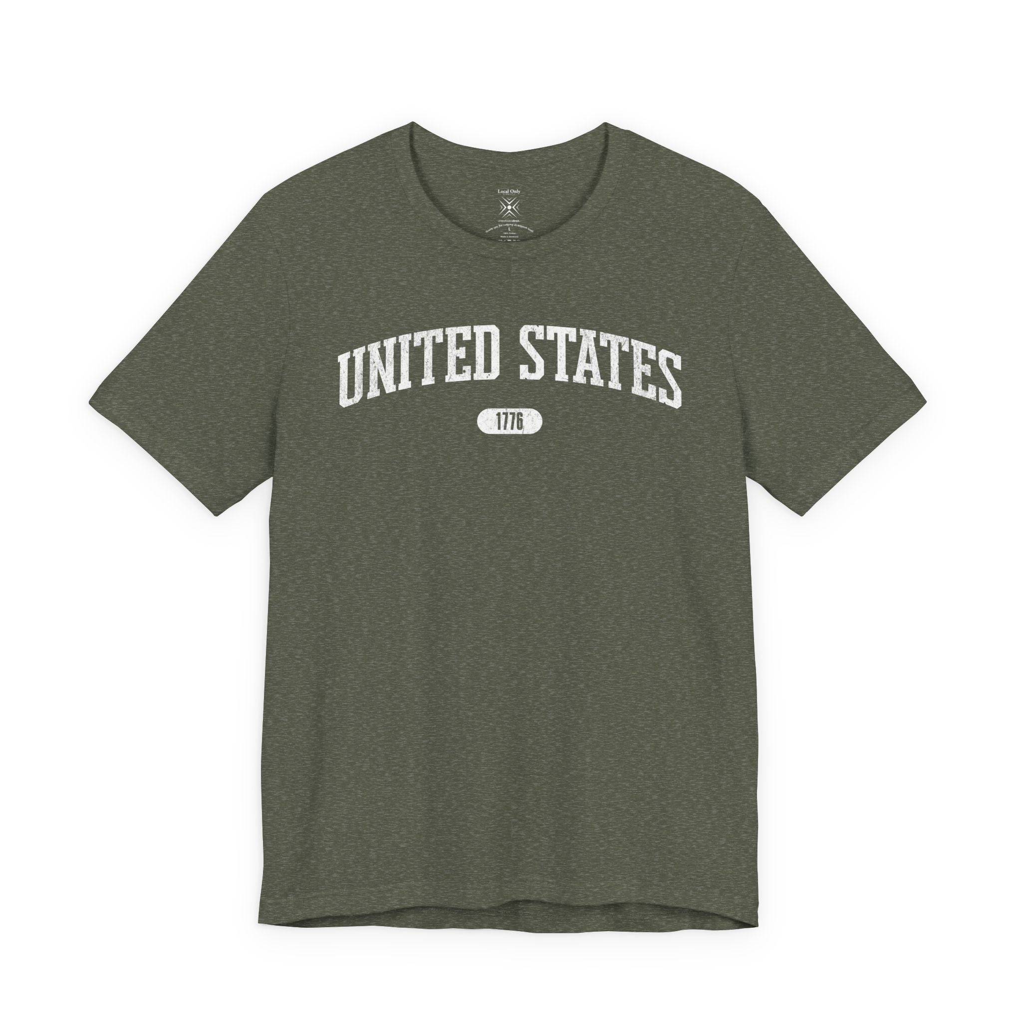 Heather Military Green t-shirt with 'UNITED STATES 1776' white collegiate text.